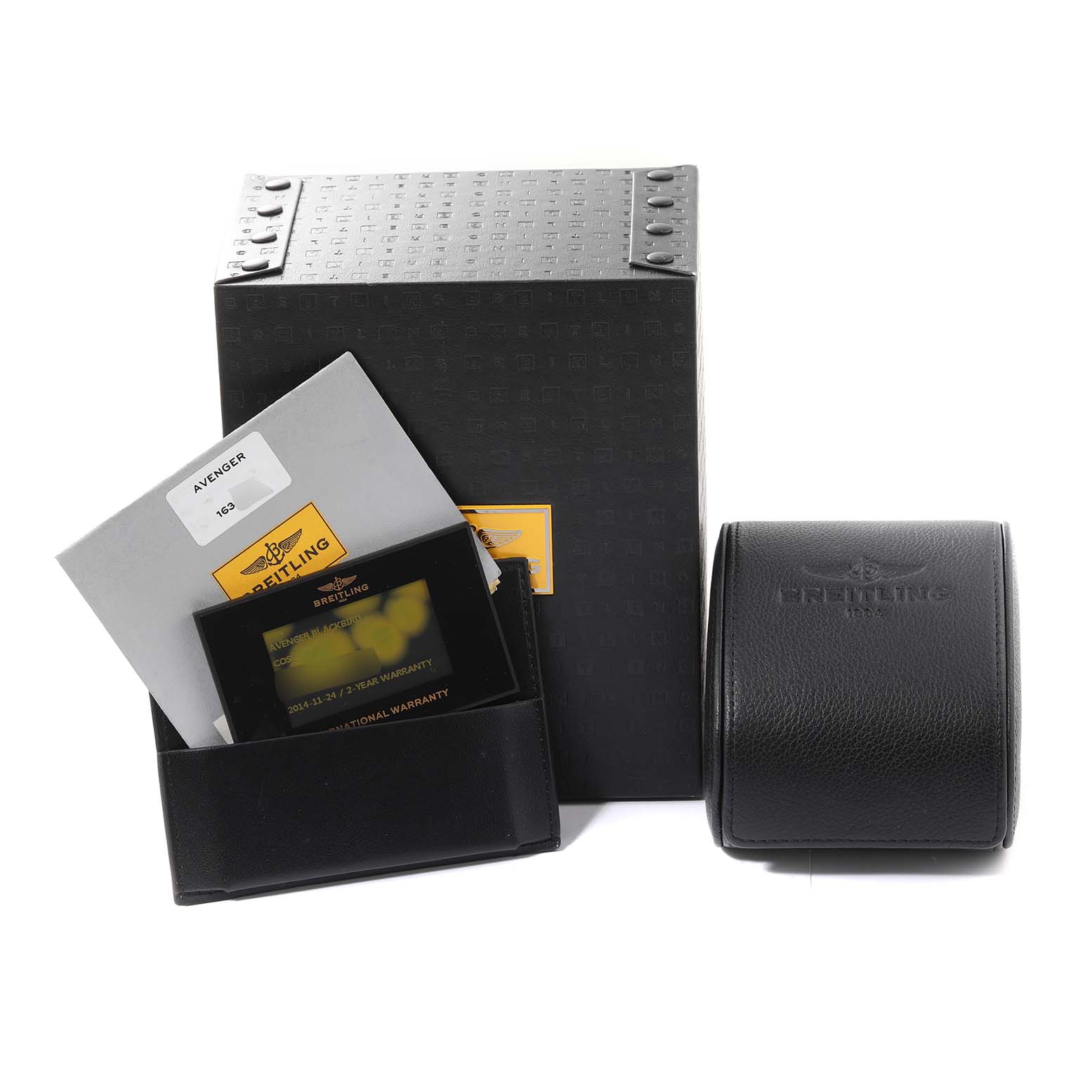 The image shows the packaging, warranty card, manual, and case for a Breitling Avenger V17310 Men's Titanium Black Dial V17310 Men's Titanium Black Dial watch.