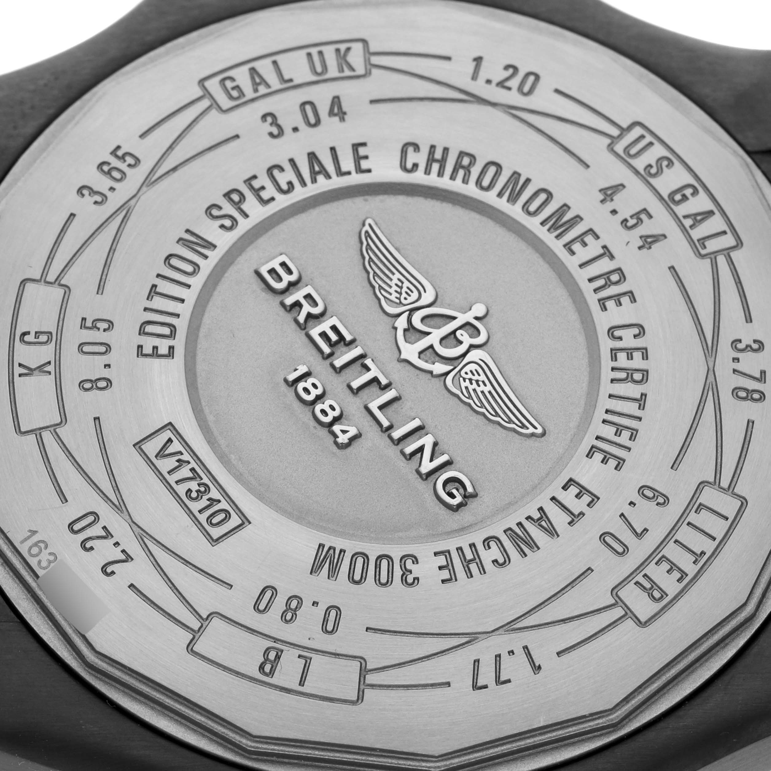 The image shows the case back of a Breitling Avenger V17310 Men's Titanium Black Dial V17310 Men's Titanium Black Dial watch with various engravings and specifications.