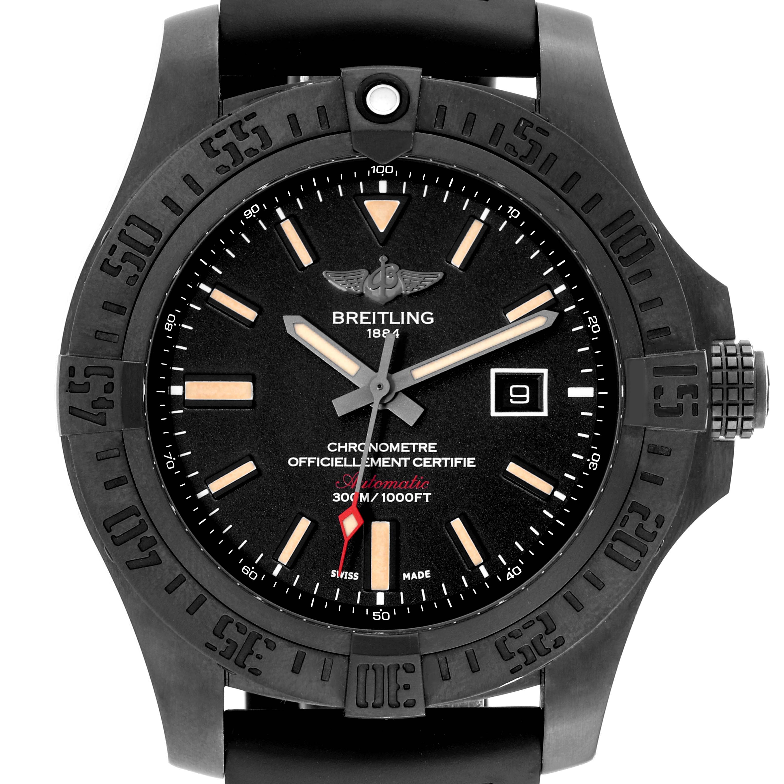 The image shows a front view of a Breitling Avenger V17310 Men's Titanium Black Dial V17310 Men's Titanium Black Dial watch, displaying its bezel, dial, hands, and date window.