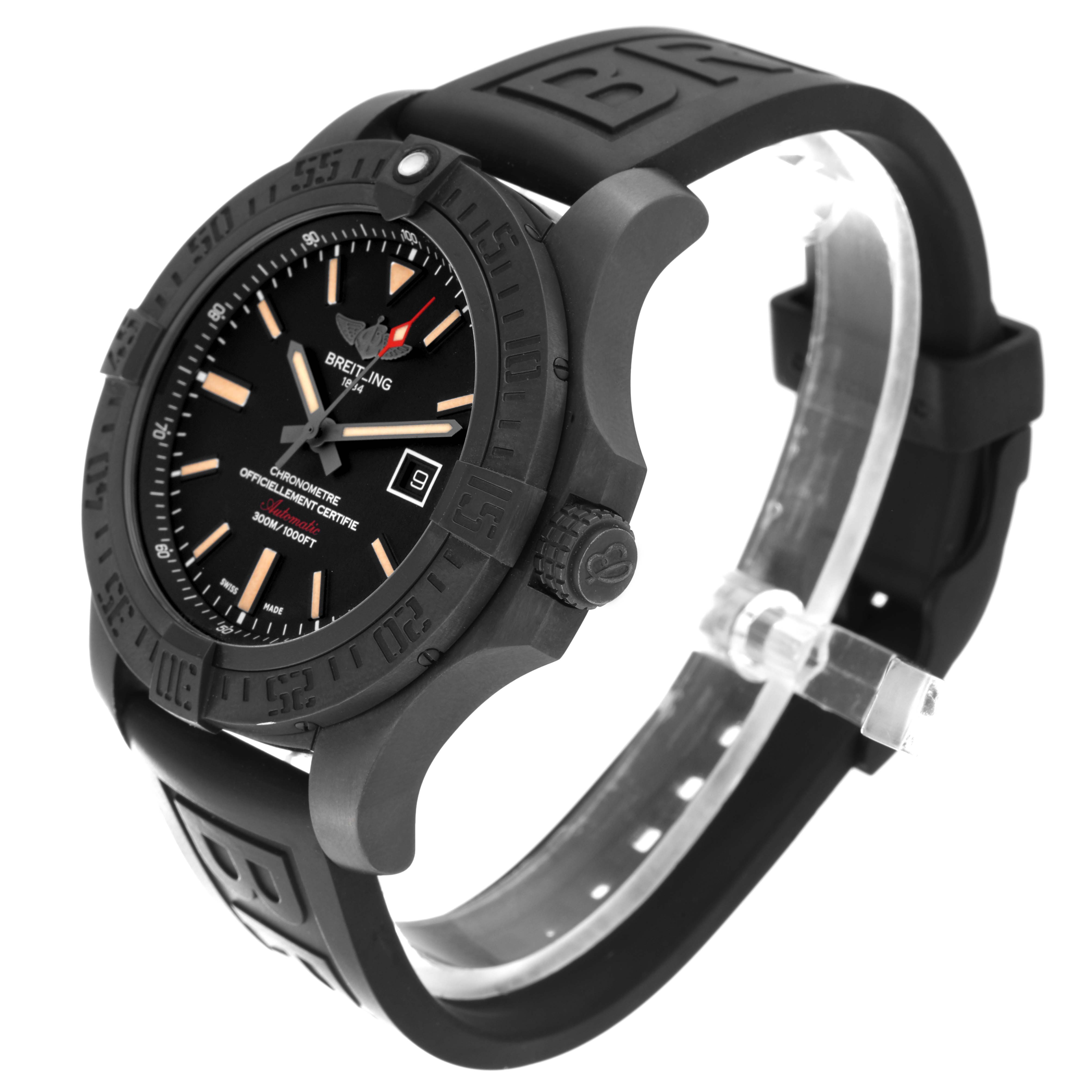 The image shows a Breitling Avenger V17310 Men's Titanium Black Dial V17310 Men's Titanium Black Dial watch at a three-quarter angle, highlighting the face, bezel, crown, and rubber strap.