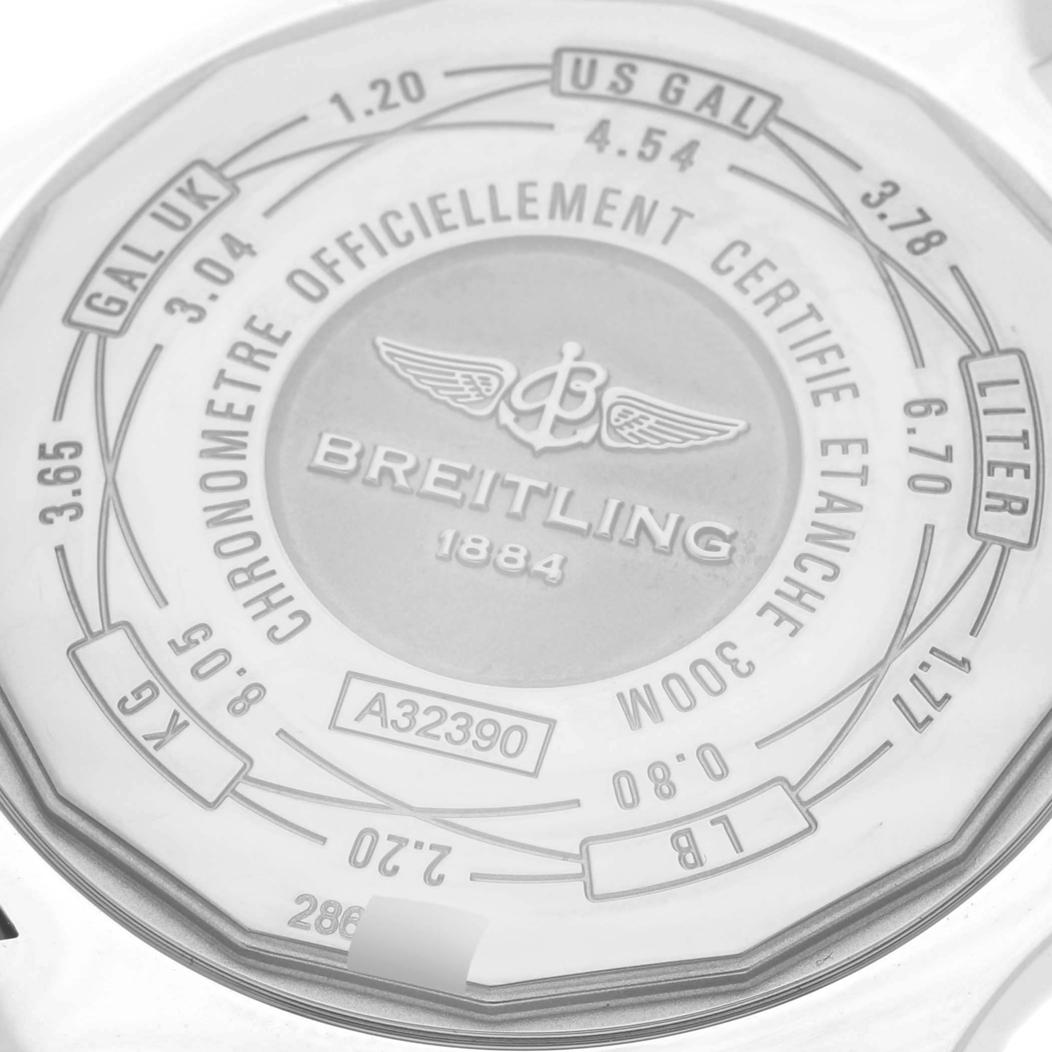 The image shows the back case of a Breitling Avenger A3239011/C930 Men's Stainless Steel Mother of Pearl Dial A3239011/C930 Men's Stainless Steel Mother of Pearl Dial watch, highlighting its model number and specifications.