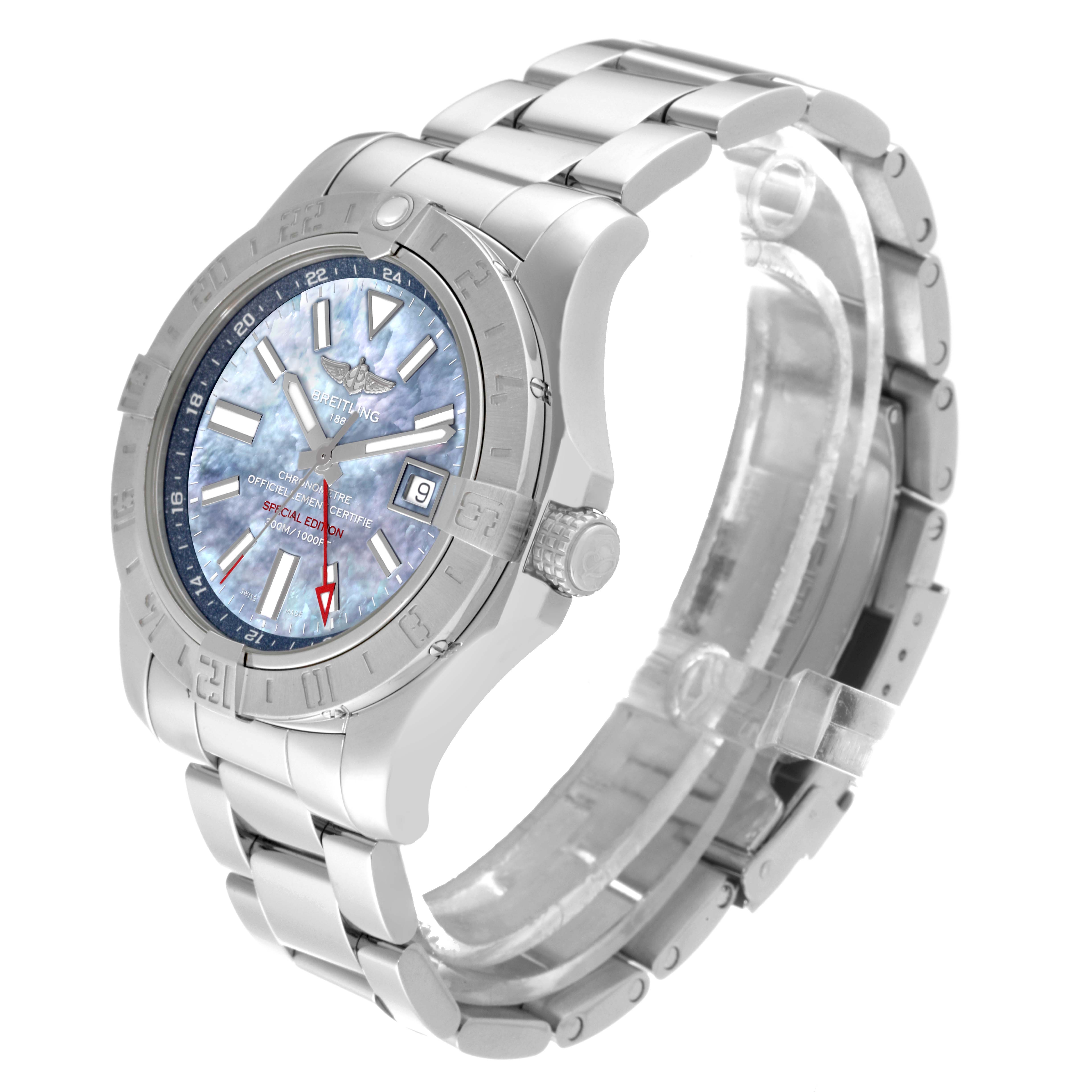 The Breitling Avenger A3239011/C930 Men's Stainless Steel Mother of Pearl Dial A3239011/C930 Men's Stainless Steel Mother of Pearl Dial watch is shown at a three-quarter angle, displaying the face, bezel, case, crown, and stainless steel bracelet.