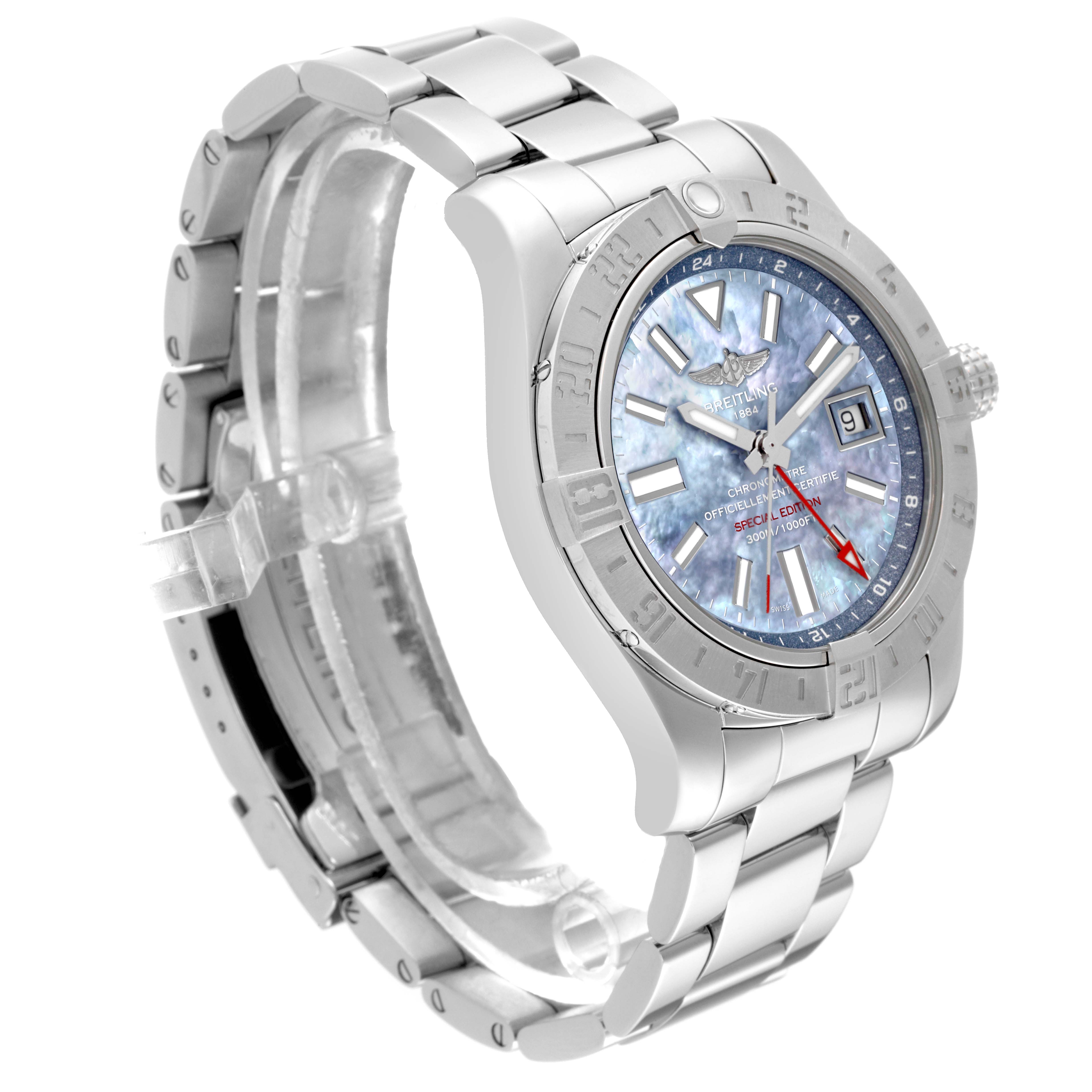 The Breitling Avenger A3239011/C930 Men's Stainless Steel Mother of Pearl Dial A3239011/C930 Men's Stainless Steel Mother of Pearl Dial watch is shown at a slight angle, displaying its face, bezel, crown, and metal bracelet in detail.