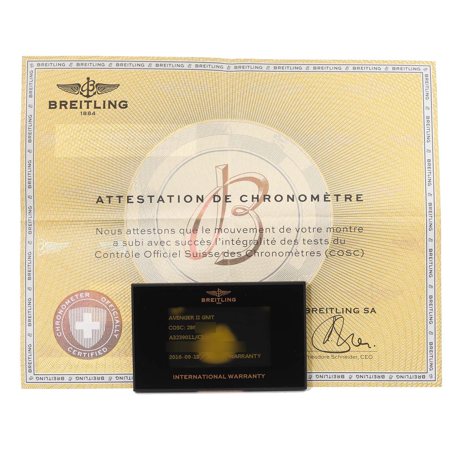 The image shows the warranty card and chronometer certification for the Breitling Avenger A3239011/C930 Men's Stainless Steel Mother of Pearl Dial A3239011/C930 Men's Stainless Steel Mother of Pearl Dial II GMT watch.