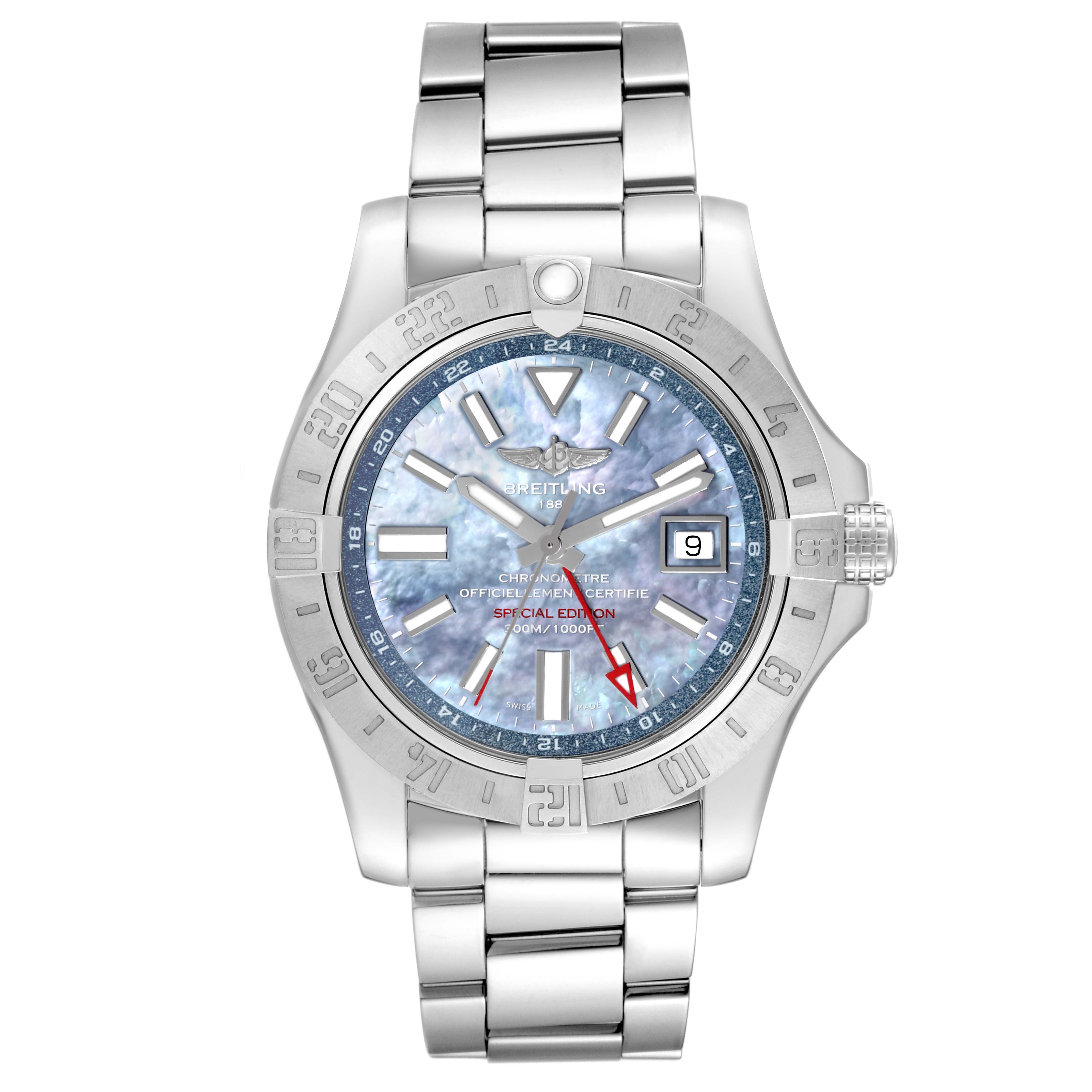 The image shows a front view of the Breitling Avenger A3239011/C930 Men's Stainless Steel Mother of Pearl Dial A3239011/C930 Men's Stainless Steel Mother of Pearl Dial watch, highlighting its face, bezel, and stainless steel bracelet.