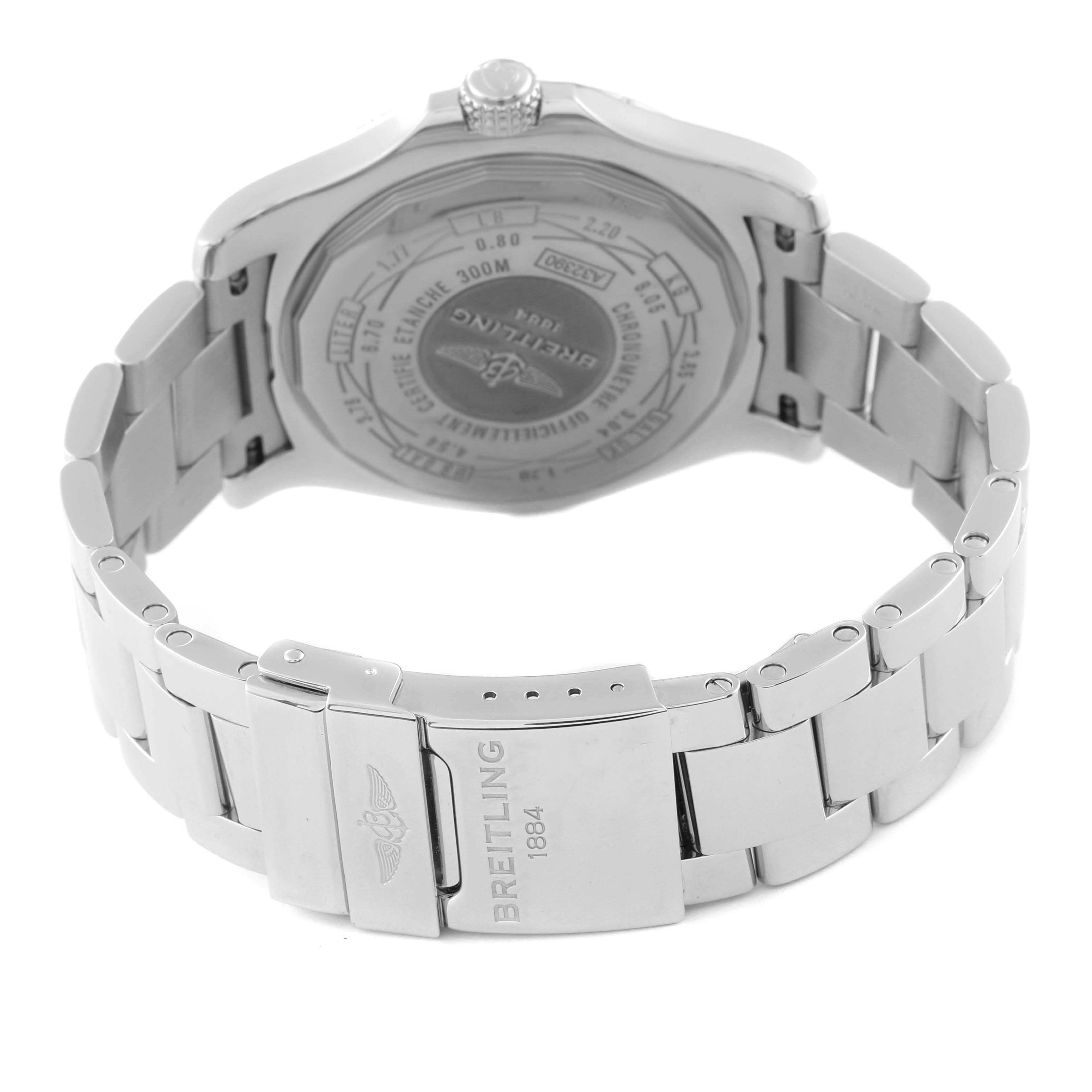 This image shows the back case and stainless steel bracelet of the Breitling Avenger A3239011/C930 Men's Stainless Steel Mother of Pearl Dial A3239011/C930 Men's Stainless Steel Mother of Pearl Dial watch.