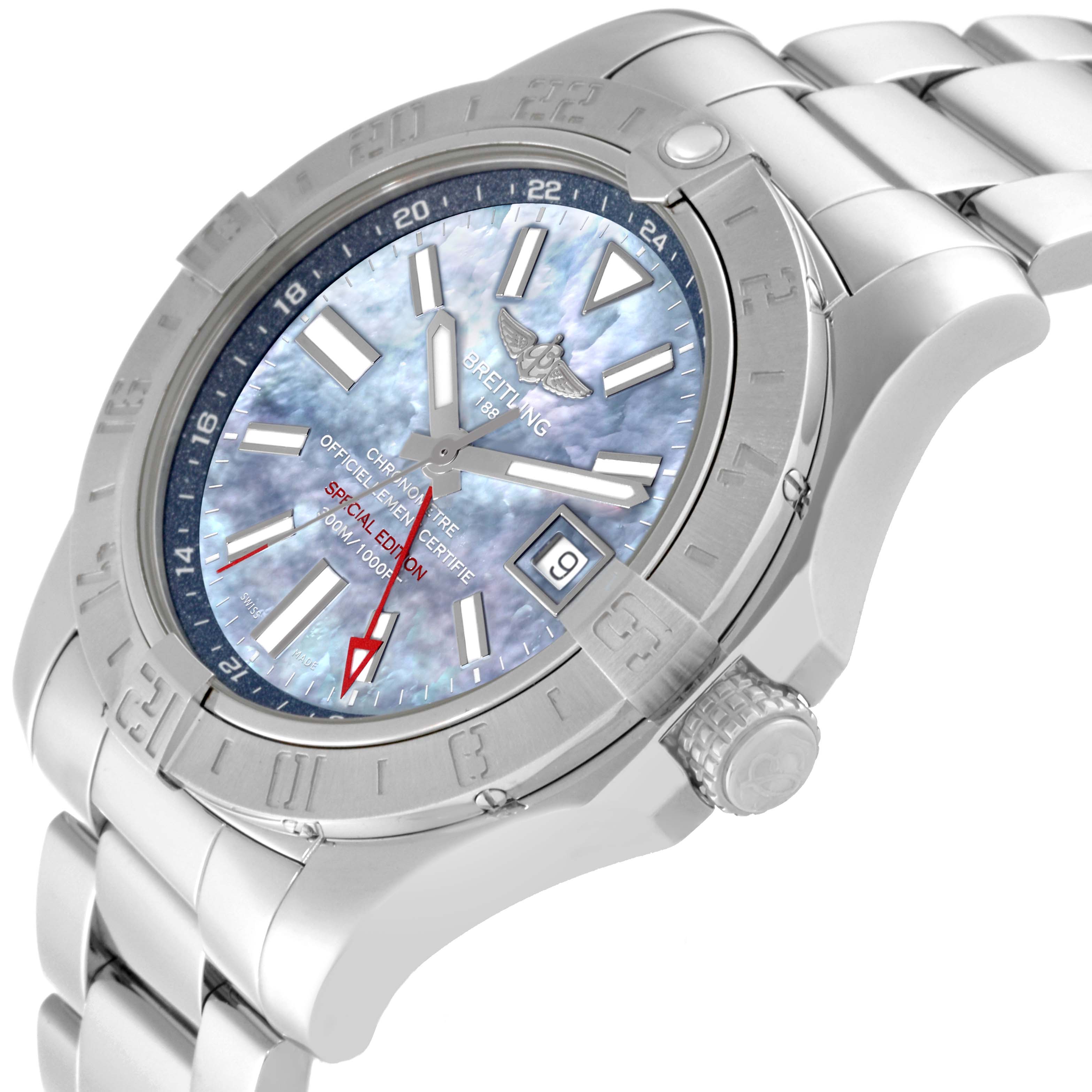 The Breitling Avenger A3239011/C930 Men's Stainless Steel Mother of Pearl Dial A3239011/C930 Men's Stainless Steel Mother of Pearl Dial model watch is shown at an angled view, highlighting the face, bezel, crown, and bracelet.