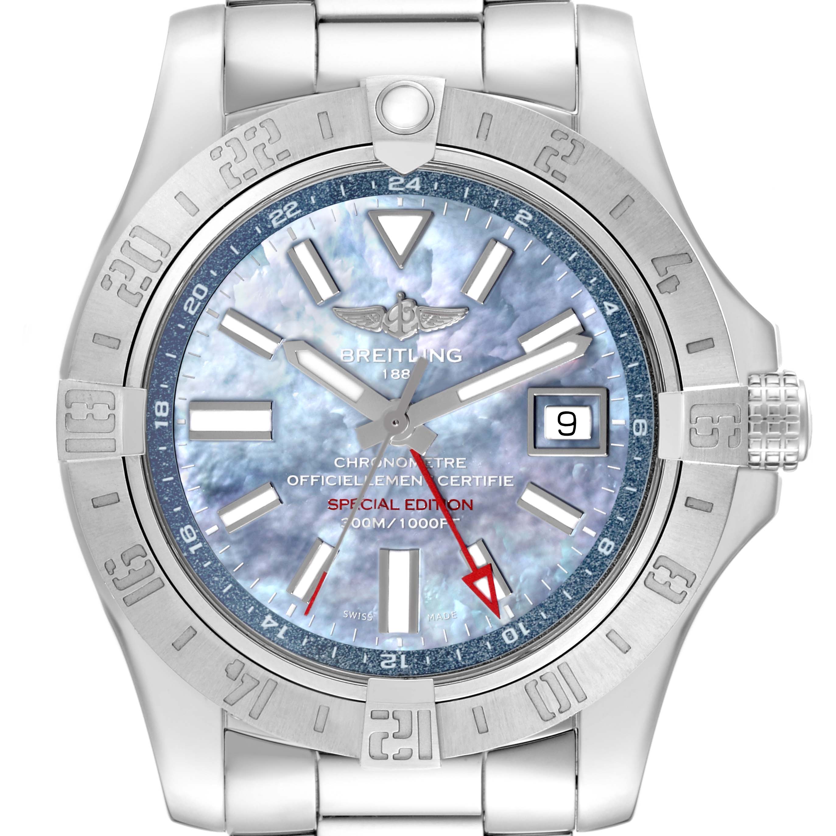 The Breitling Avenger A3239011/C930 Men's Stainless Steel Mother of Pearl Dial A3239011/C930 Men's Stainless Steel Mother of Pearl Dial watch is shown from a front perspective, highlighting its dial, bezel, and part of its bracelet.