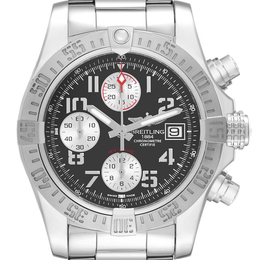 The Breitling Avenger watch is shown from a front angle, displaying the dial, bezel, and part of the bracelet.