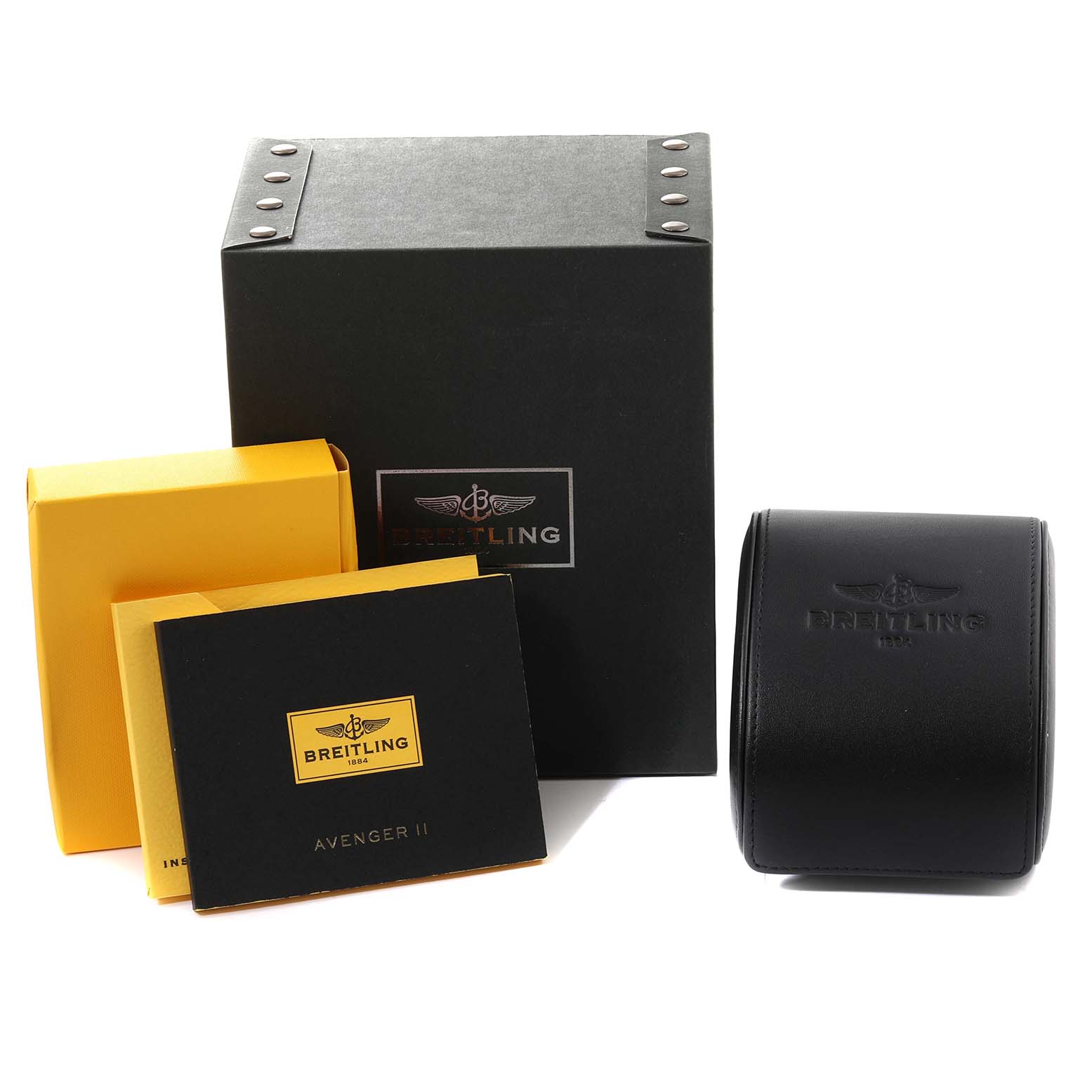 The image shows the packaging and accessories for a Breitling Avenger A13381 Men's Stainless Steel Grey Dial A13381 Men's Stainless Steel Grey Dial model, including boxes and manuals.