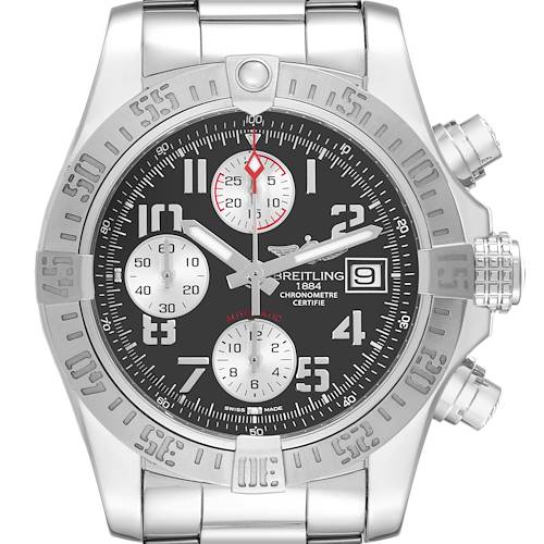 The image shows a front view of a Breitling Avenger watch with a stainless steel case, black dial, and chronograph subdials.