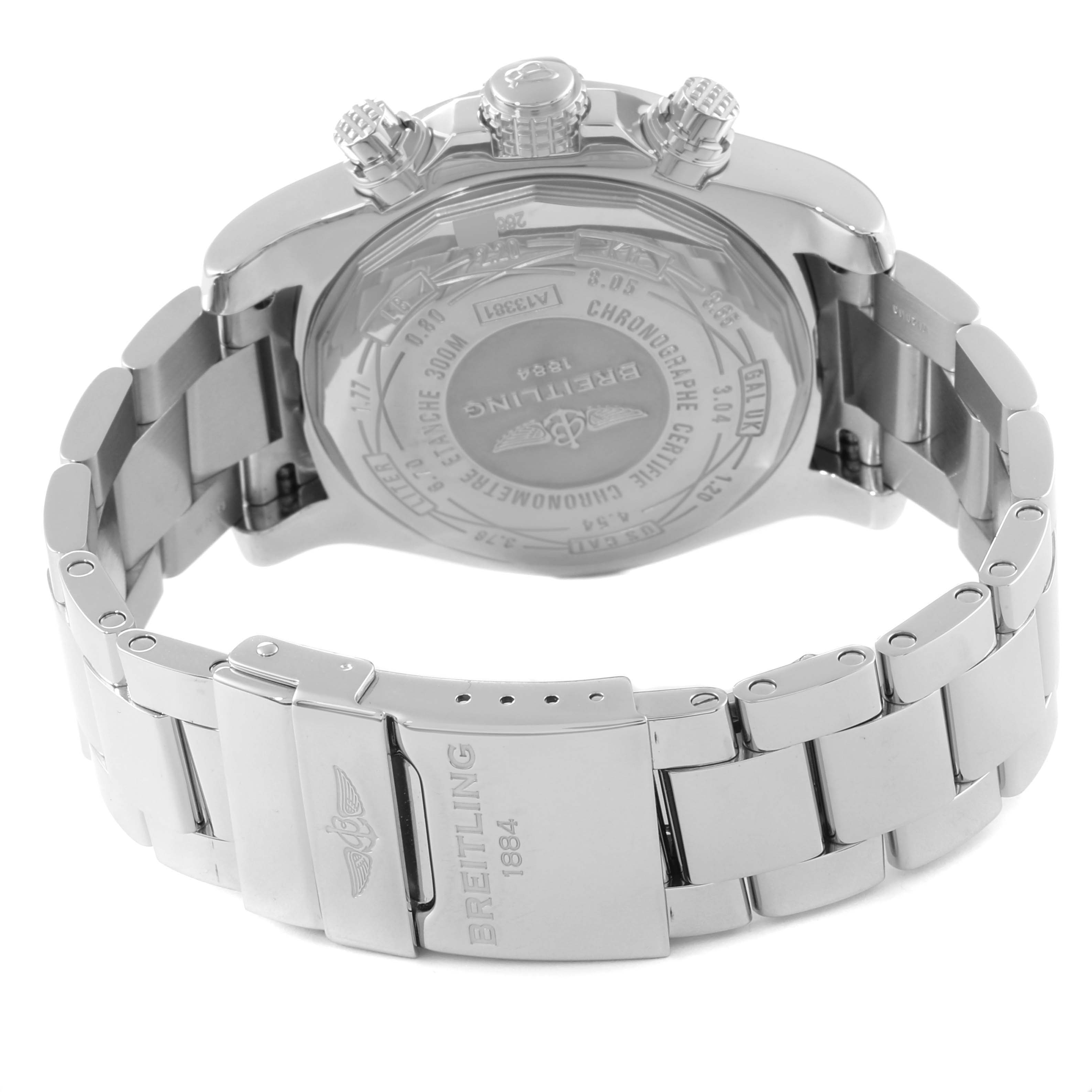 This image shows the back and clasp of a Breitling Avenger A13381 Men's Stainless Steel Grey Dial A13381 Men's Stainless Steel Grey Dial watch from a rear angle.