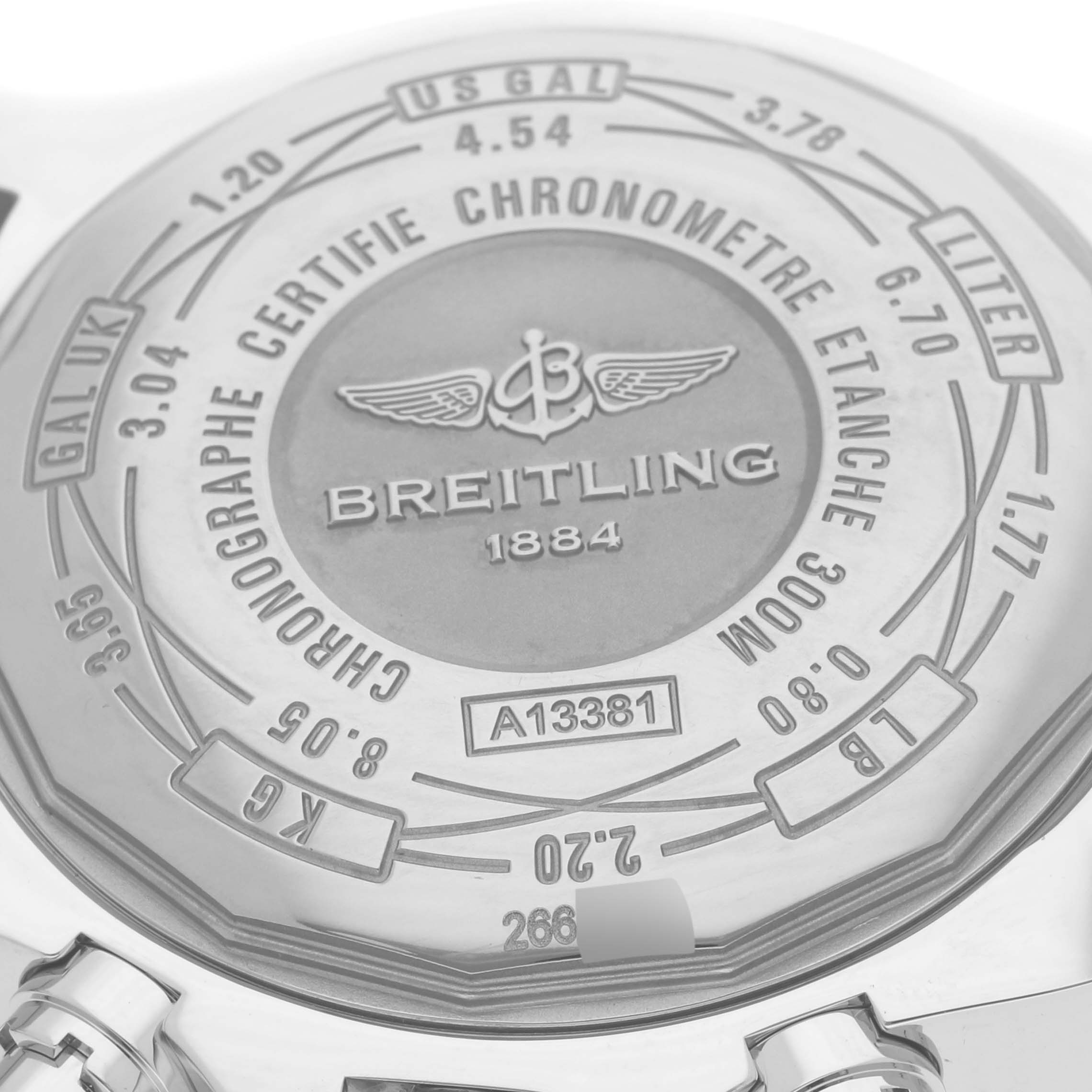 The image shows the back casing of a Breitling Avenger A13381 Men's Stainless Steel Grey Dial A13381 Men's Stainless Steel Grey Dial watch, displaying model information and specifications.