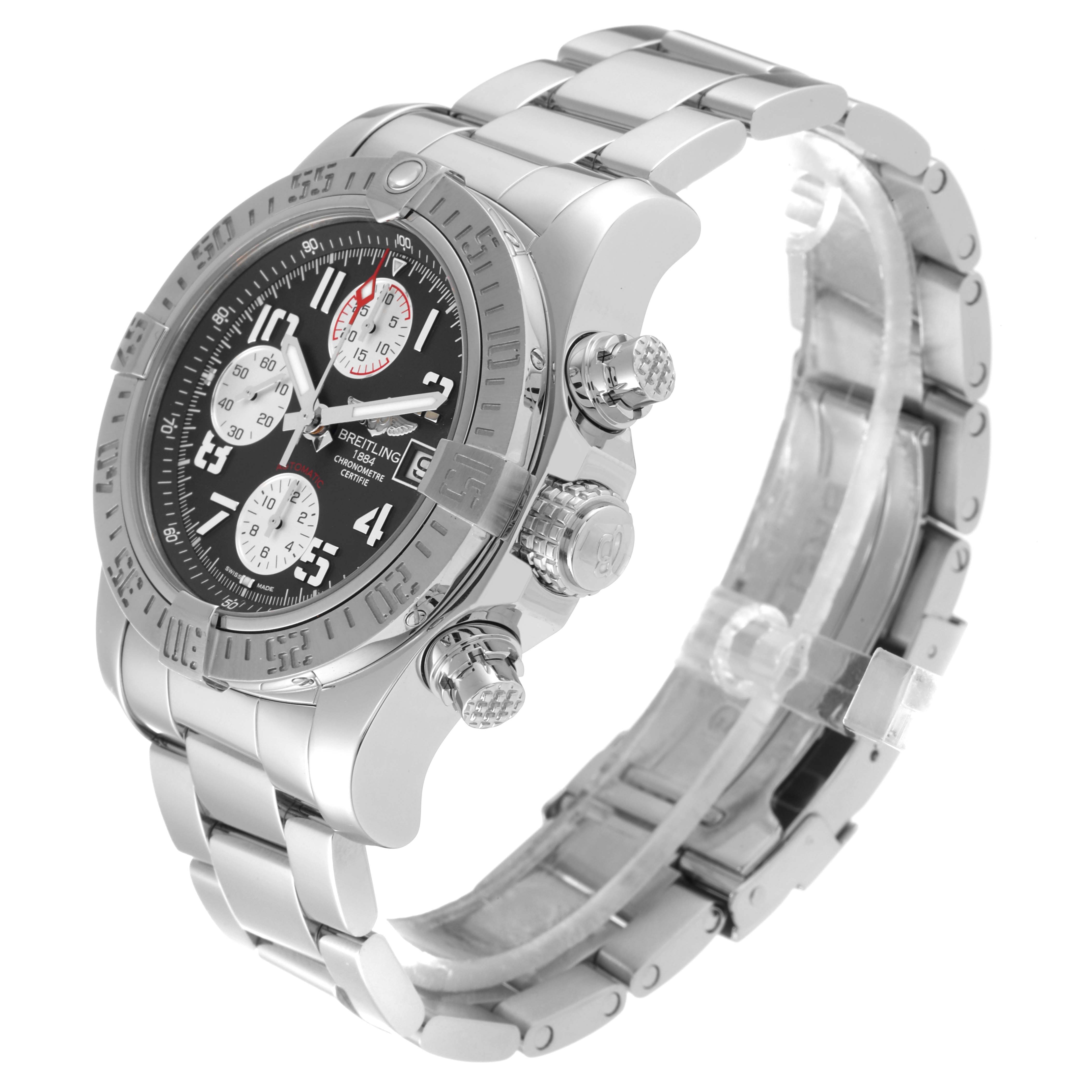 This image shows a Breitling Avenger A13381 Men's Stainless Steel Grey Dial A13381 Men's Stainless Steel Grey Dial watch from a 3/4 front angle, highlighting the bezel, dial, crown, pushers, and metal bracelet.