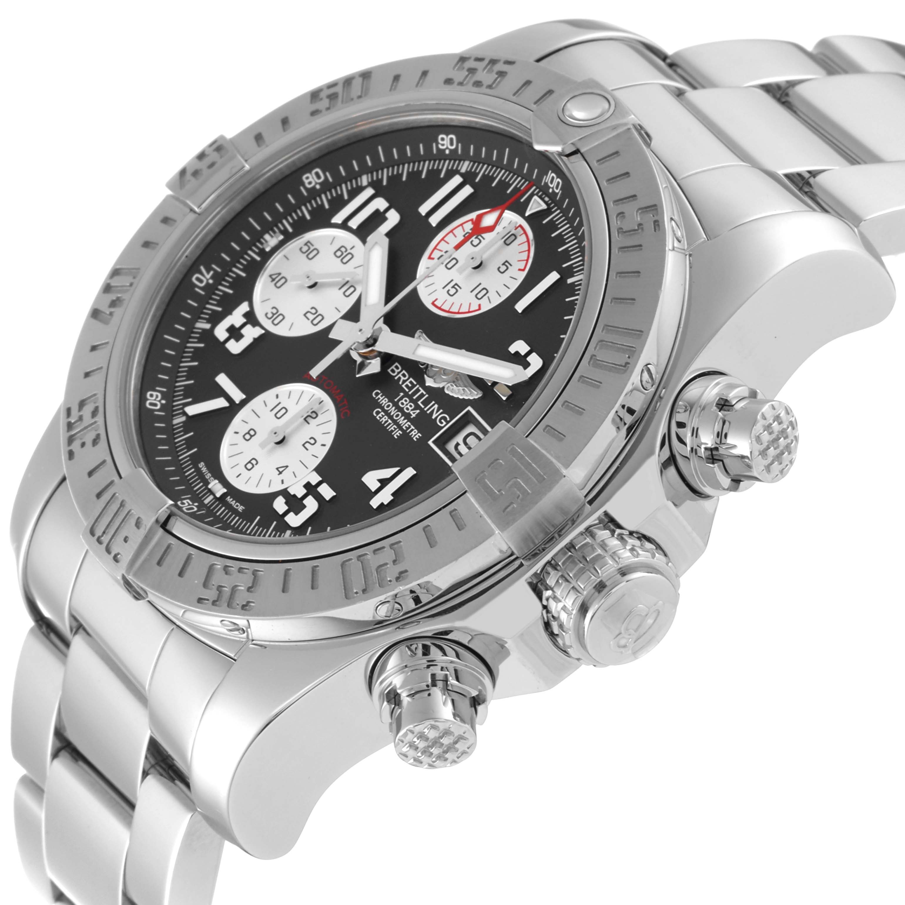 The Breitling Avenger A13381 Men's Stainless Steel Grey Dial A13381 Men's Stainless Steel Grey Dial watch is shown at an angled close-up, highlighting the dial, bezel, and chronograph pushers.