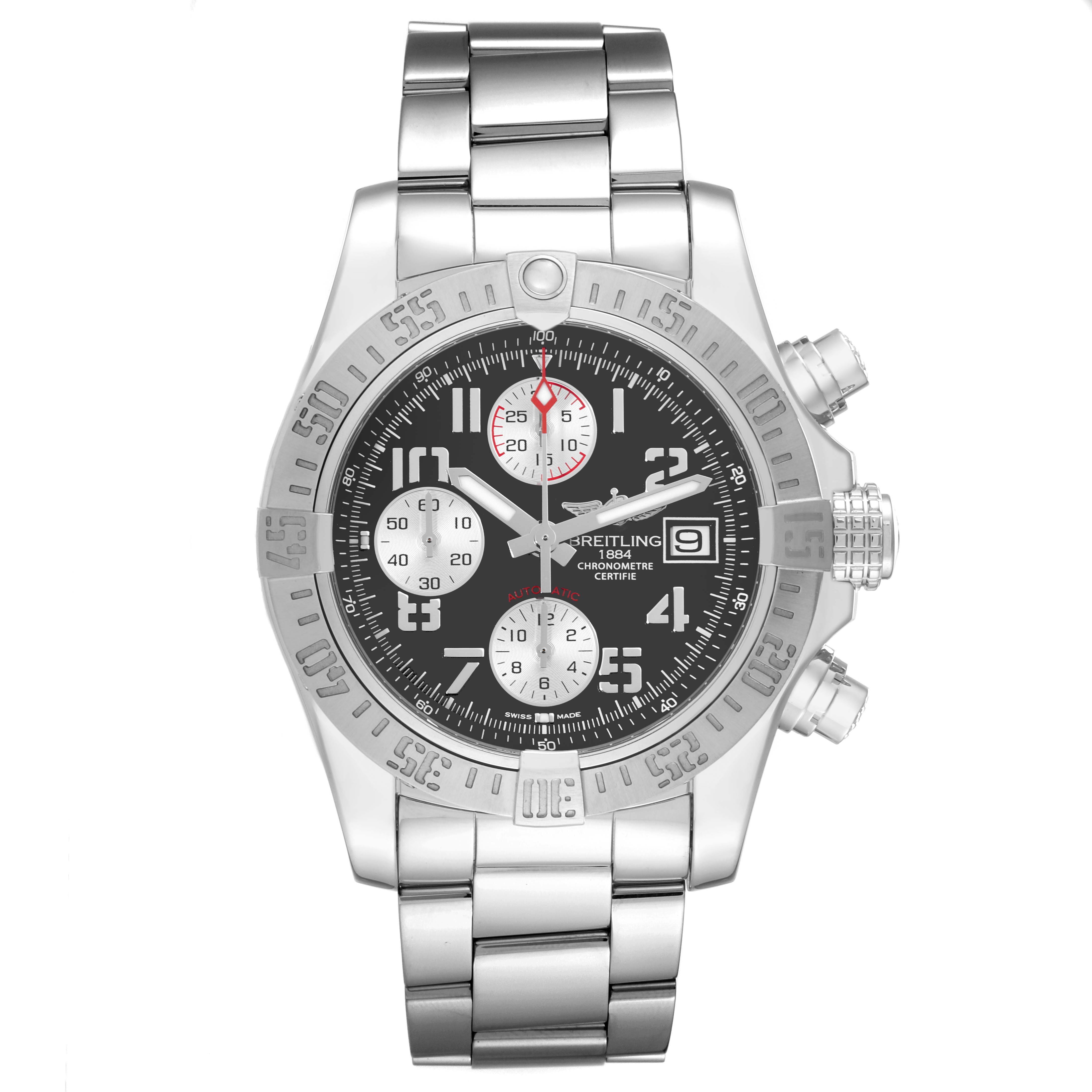 The image shows a front view of a Breitling Avenger A13381 Men's Stainless Steel Grey Dial A13381 Men's Stainless Steel Grey Dial watch, displaying the face, bezel, bracelet, and chronograph buttons.