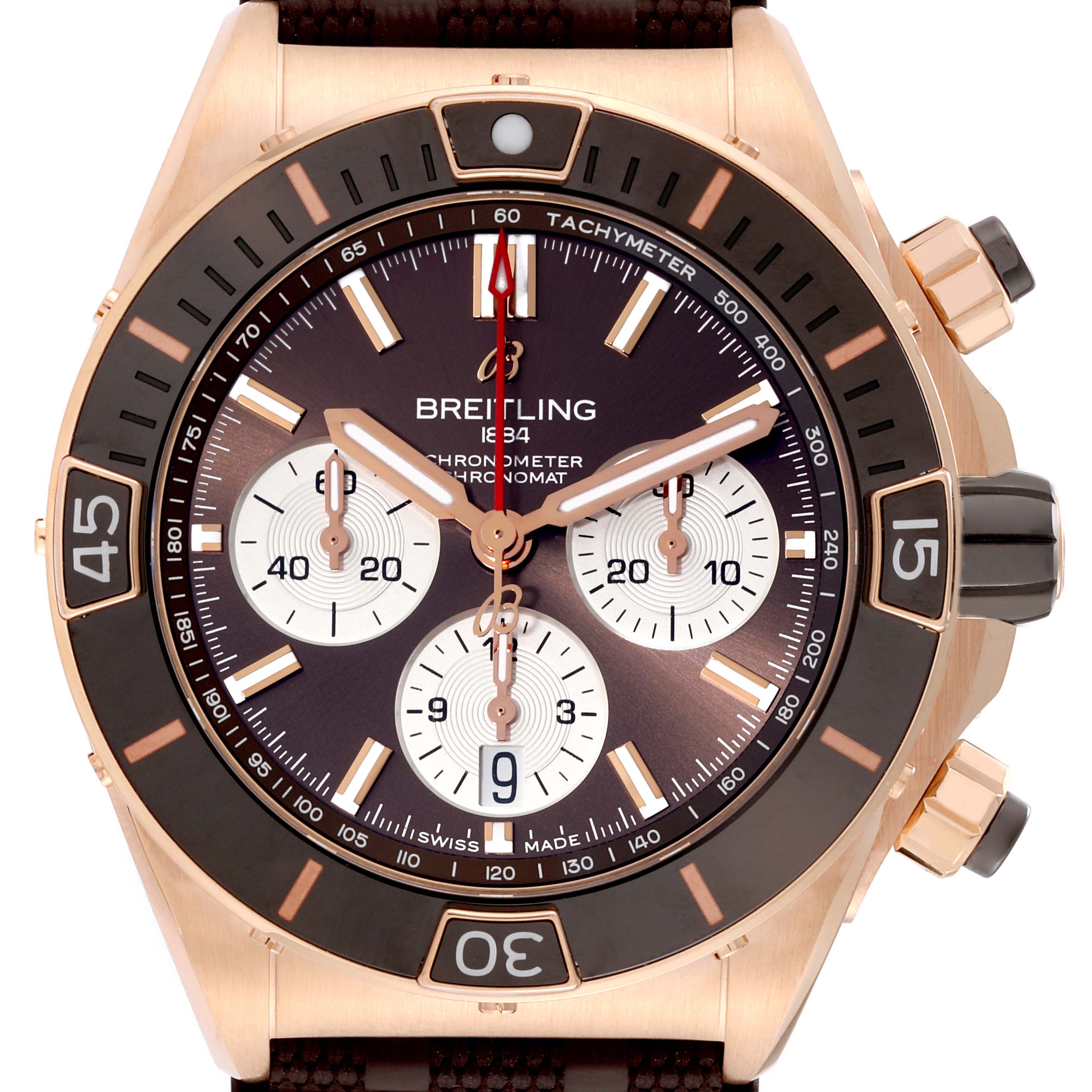This image shows a front view of the Breitling Chronomat RB0136E31Q1S1 Men's Rose Gold Brown Dial RB0136E31Q1S1 Men's Rose Gold Brown Dial watch, highlighting the dial, bezel, chronograph subdials, and pushers.