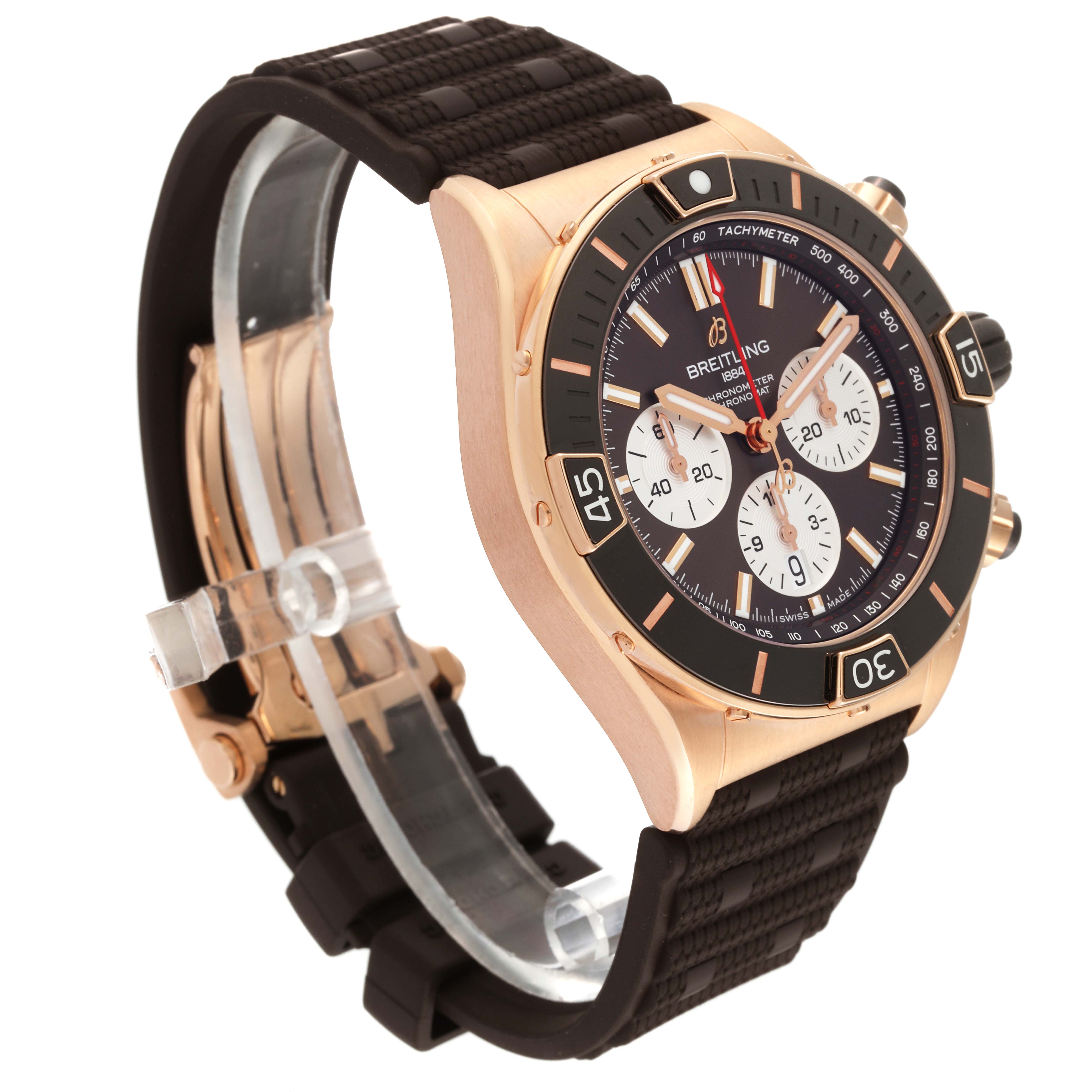 This image shows a side-angle view of a Breitling Chronomat RB0136E31Q1S1 Men's Rose Gold Brown Dial RB0136E31Q1S1 Men's Rose Gold Brown Dial watch, highlighting the bezel, dial, and strap.