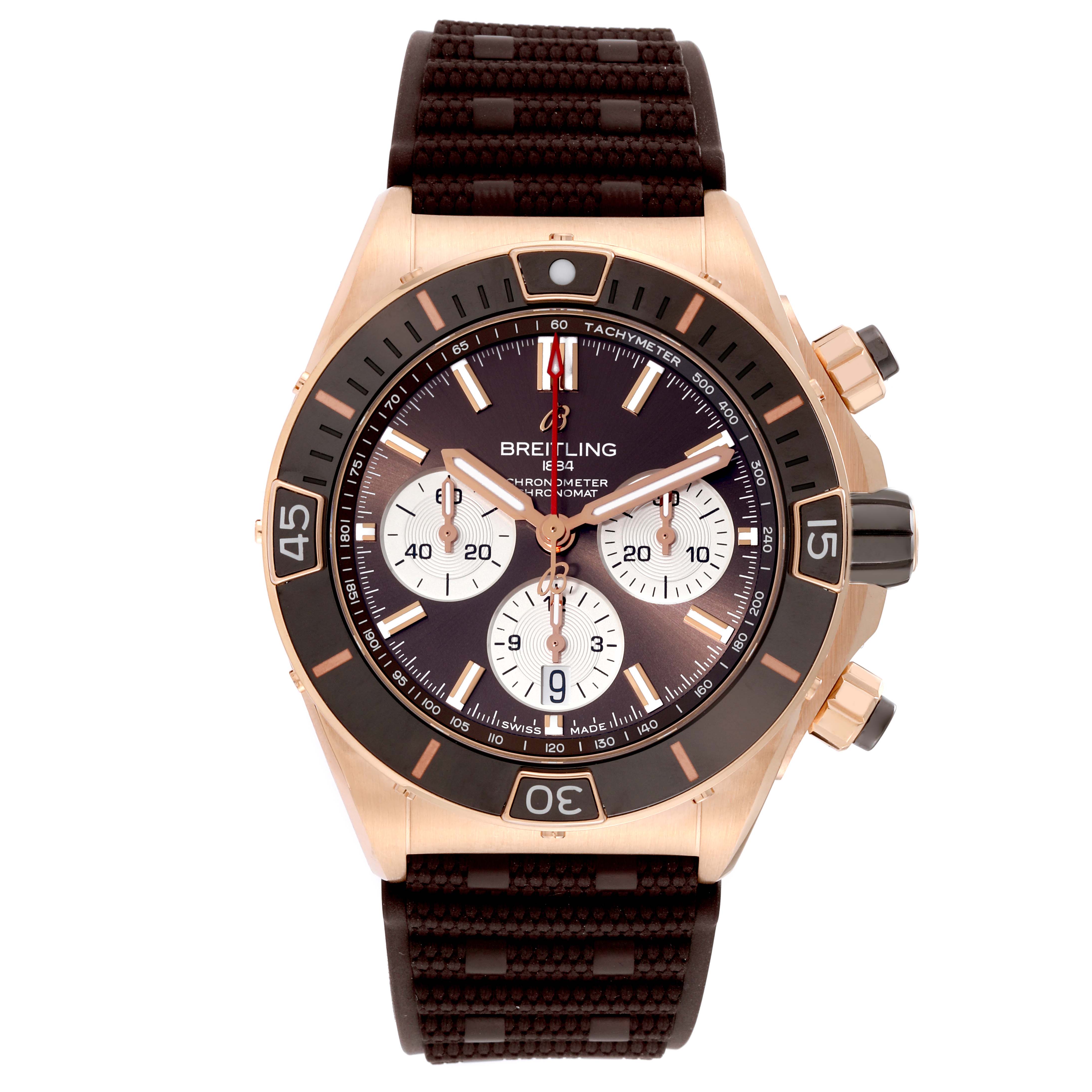 The image shows a front view of a Breitling Chronomat RB0136E31Q1S1 Men's Rose Gold Brown Dial RB0136E31Q1S1 Men's Rose Gold Brown Dial watch, highlighting its dial, bezel, and strap.
