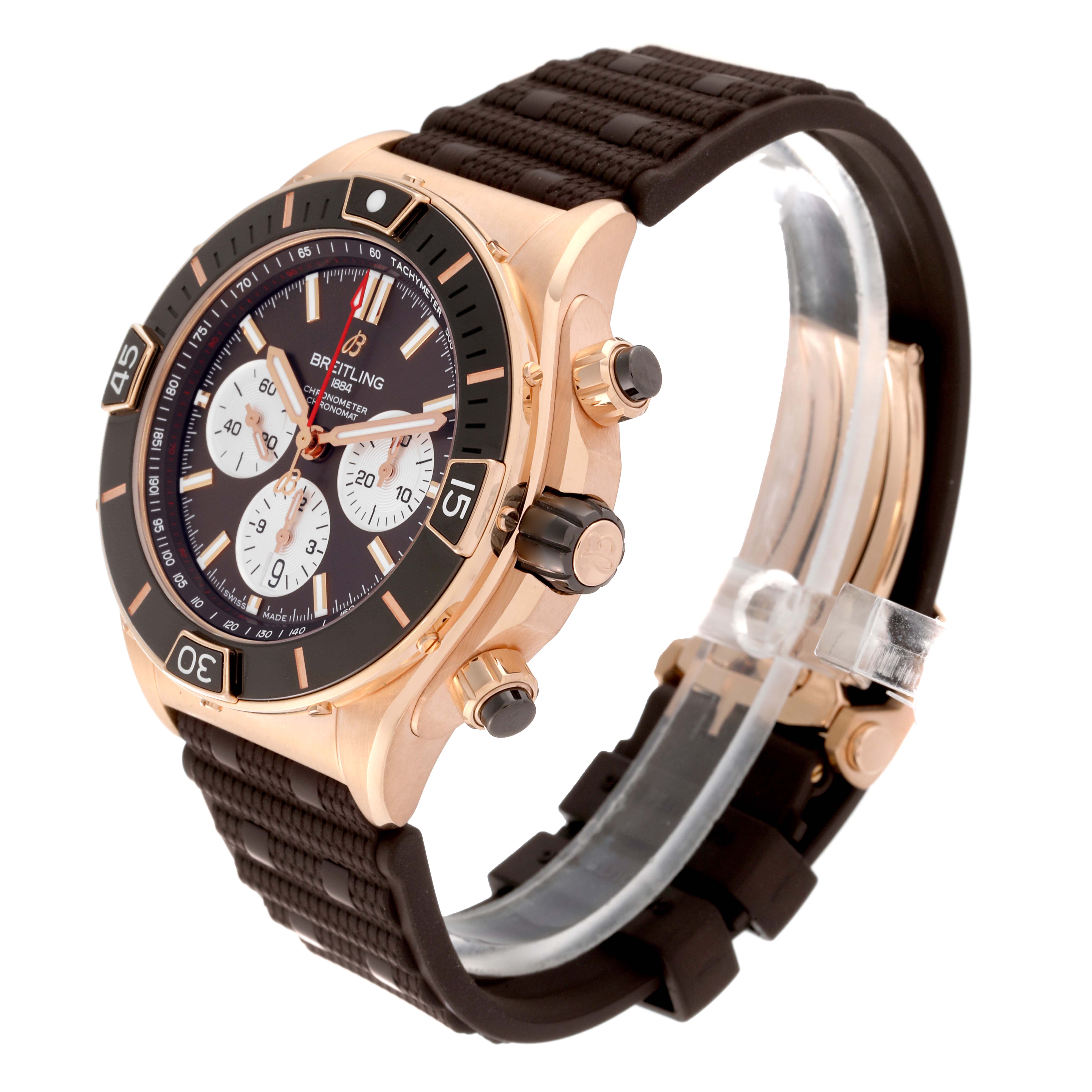 The Breitling Chronomat RB0136E31Q1S1 Men's Rose Gold Brown Dial RB0136E31Q1S1 Men's Rose Gold Brown Dial watch is shown at a three-quarter angle, highlighting the face, bezel, and strap.