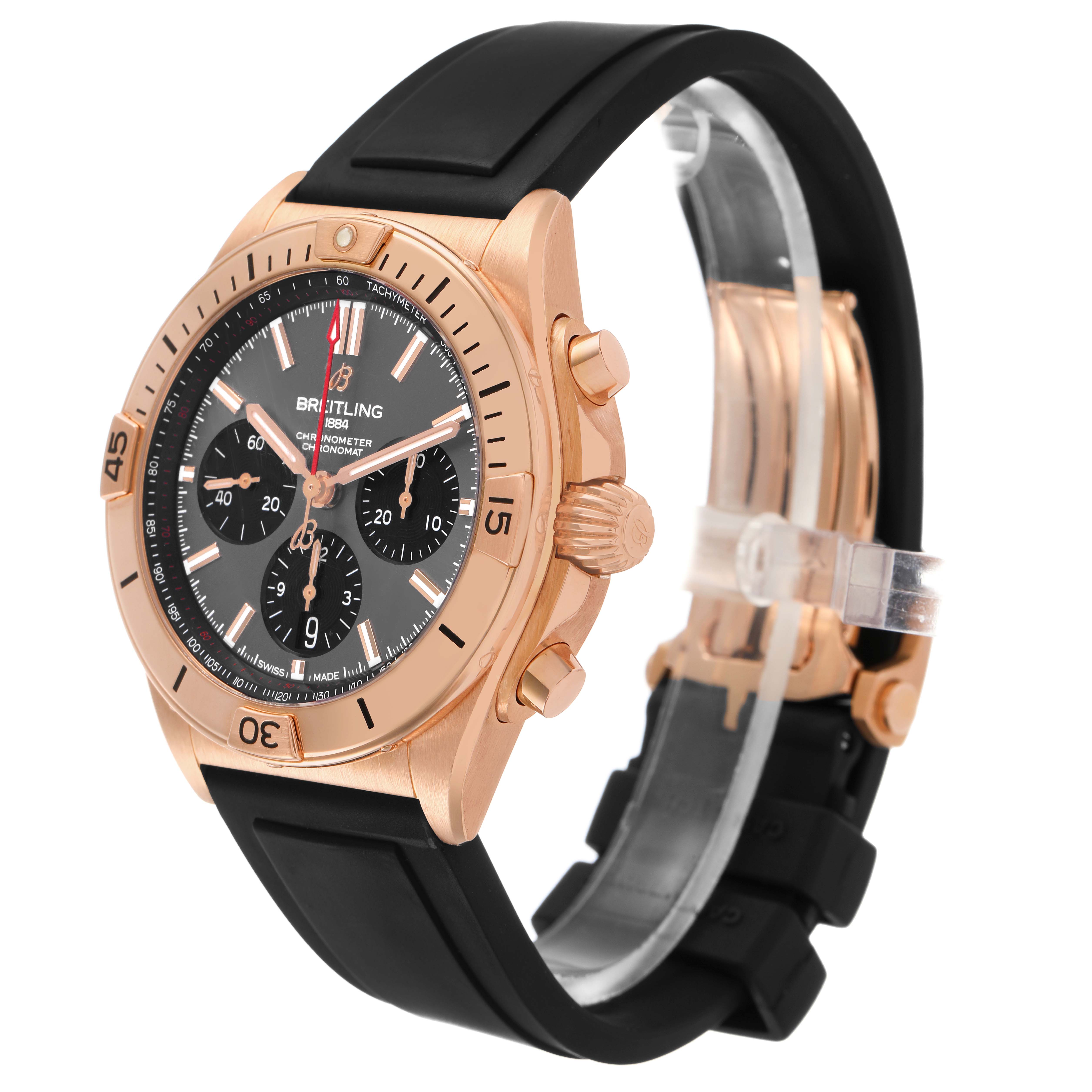 The Breitling Chronomat RB0134 Men's Rose Gold Grey Dial watch is displayed at a three-quarter angle, showcasing the face, bezel, pushers, crown, and strap.