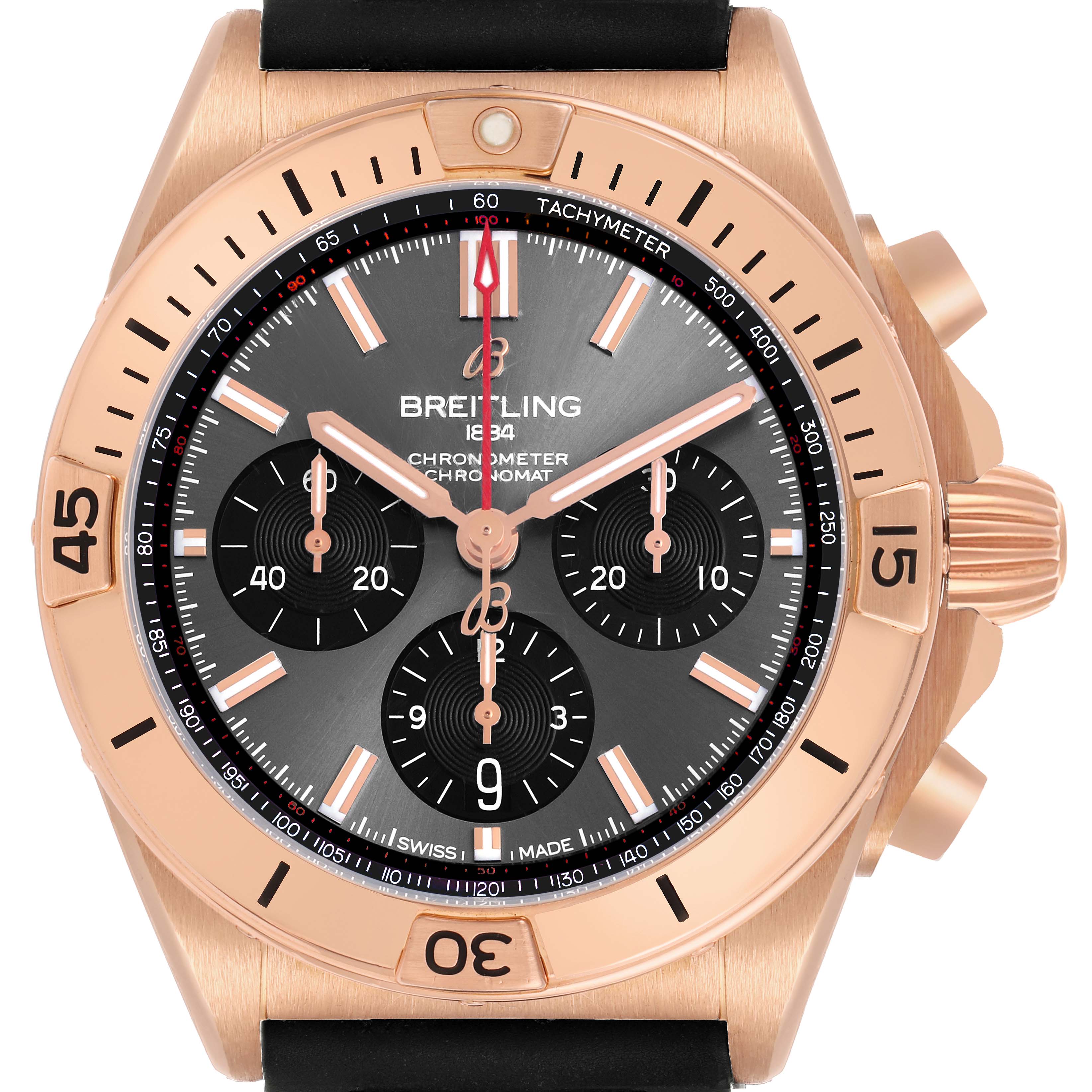The Breitling Chronomat RB0134 Men's Rose Gold Grey Dial watch is shown from a front view, displaying the dial, bezel, and pushers on the side.