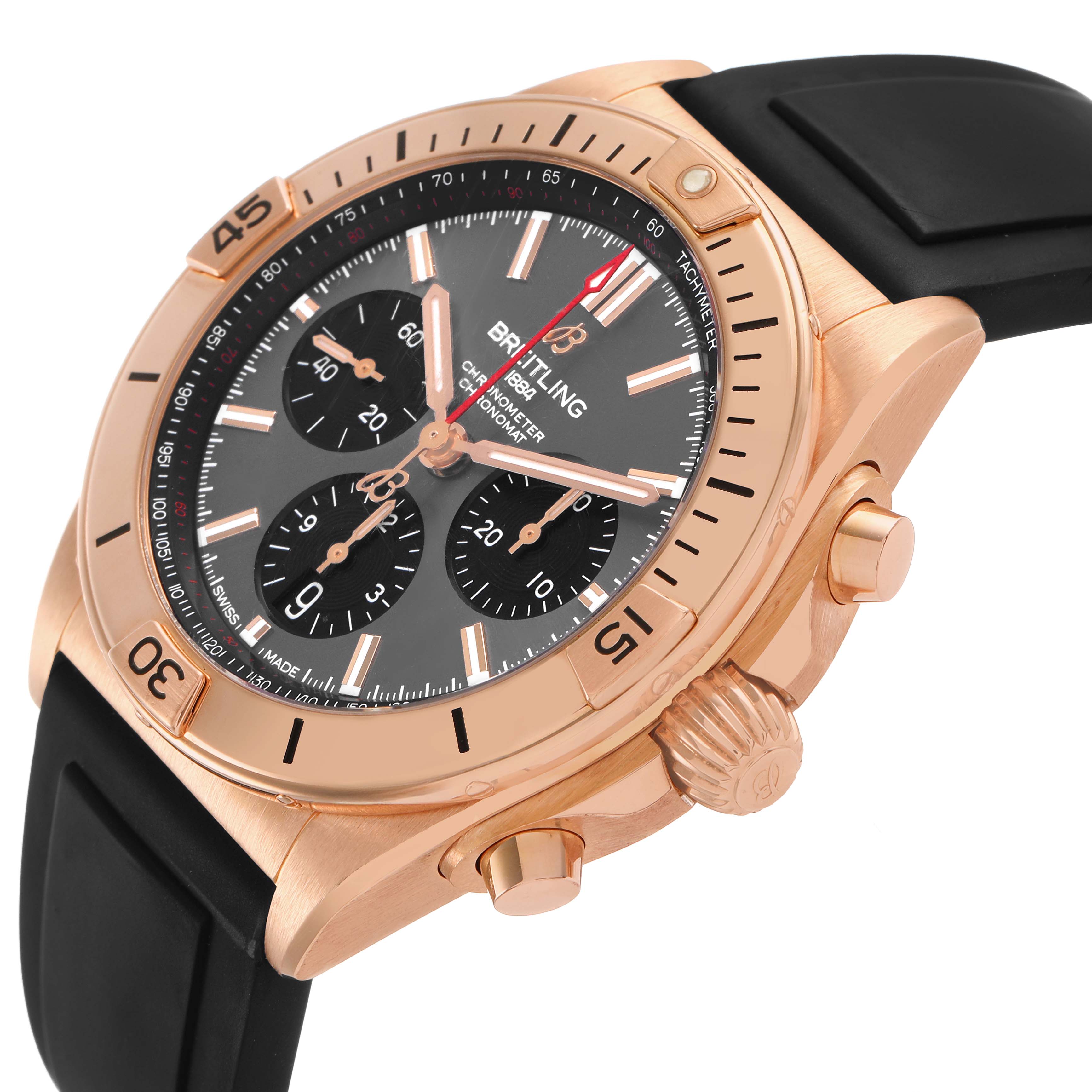 The Breitling Chronomat RB0134 Men's Rose Gold Grey Dial watch is shown at a slight angle, highlighting the rose gold case, black dial, pushers, and crown.