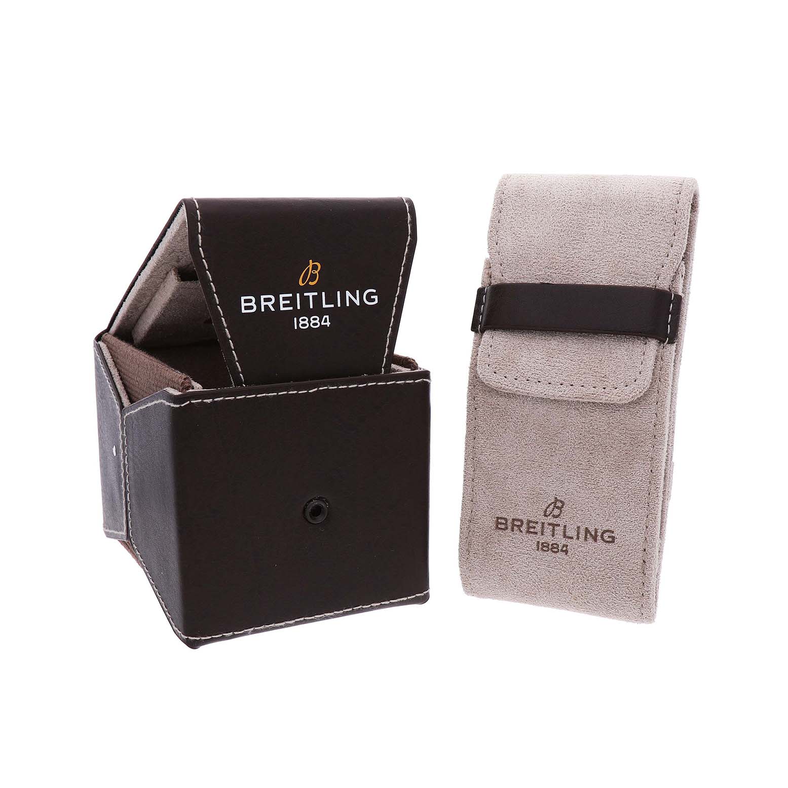 The image shows a Breitling Chronomat RB0134 Men's Rose Gold Grey Dial watch box and a travel pouch, viewed from a front angle.