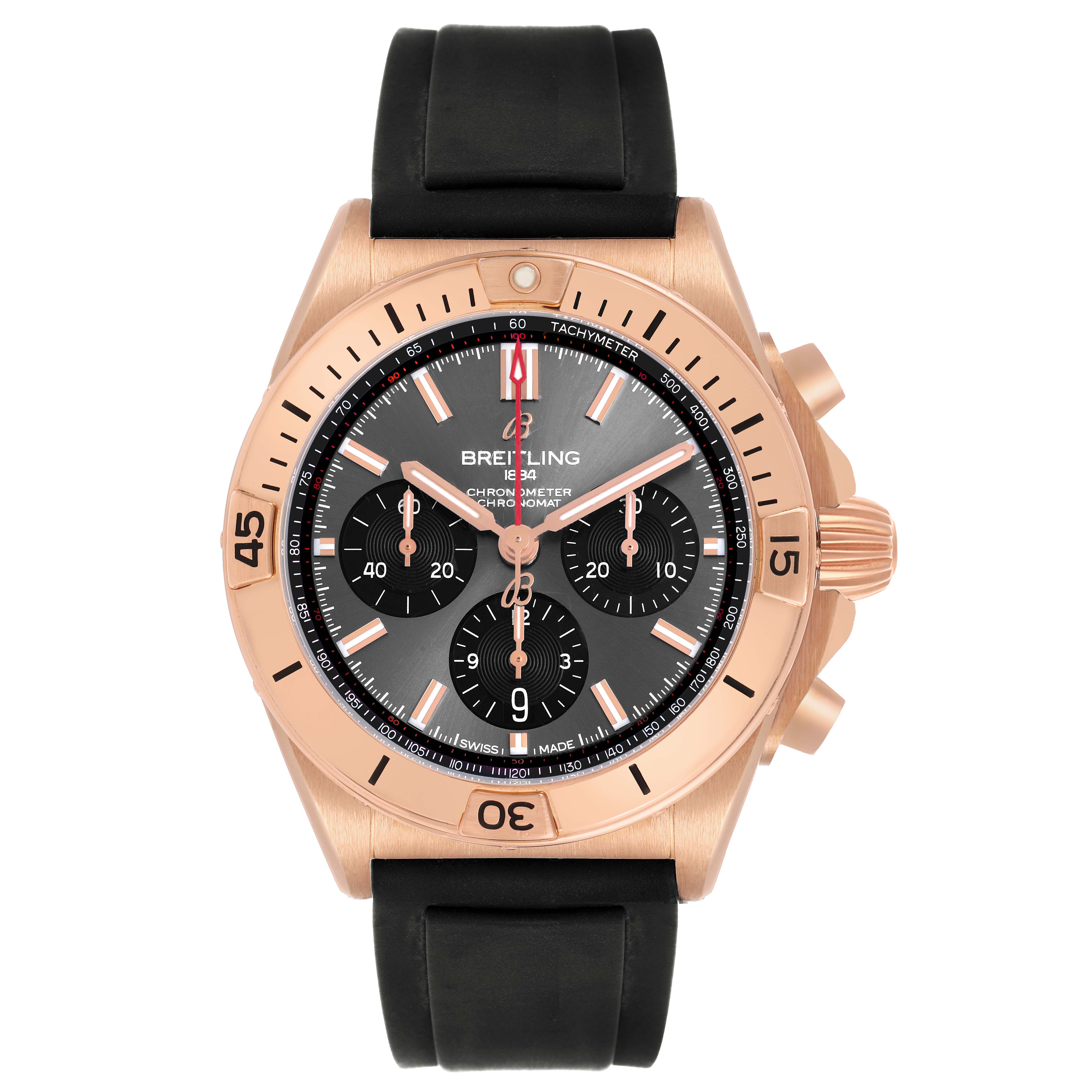 The Breitling Chronomat RB0134 Men's Rose Gold Grey Dial watch is shown from the front, highlighting the dial, bezel, and part of the strap.