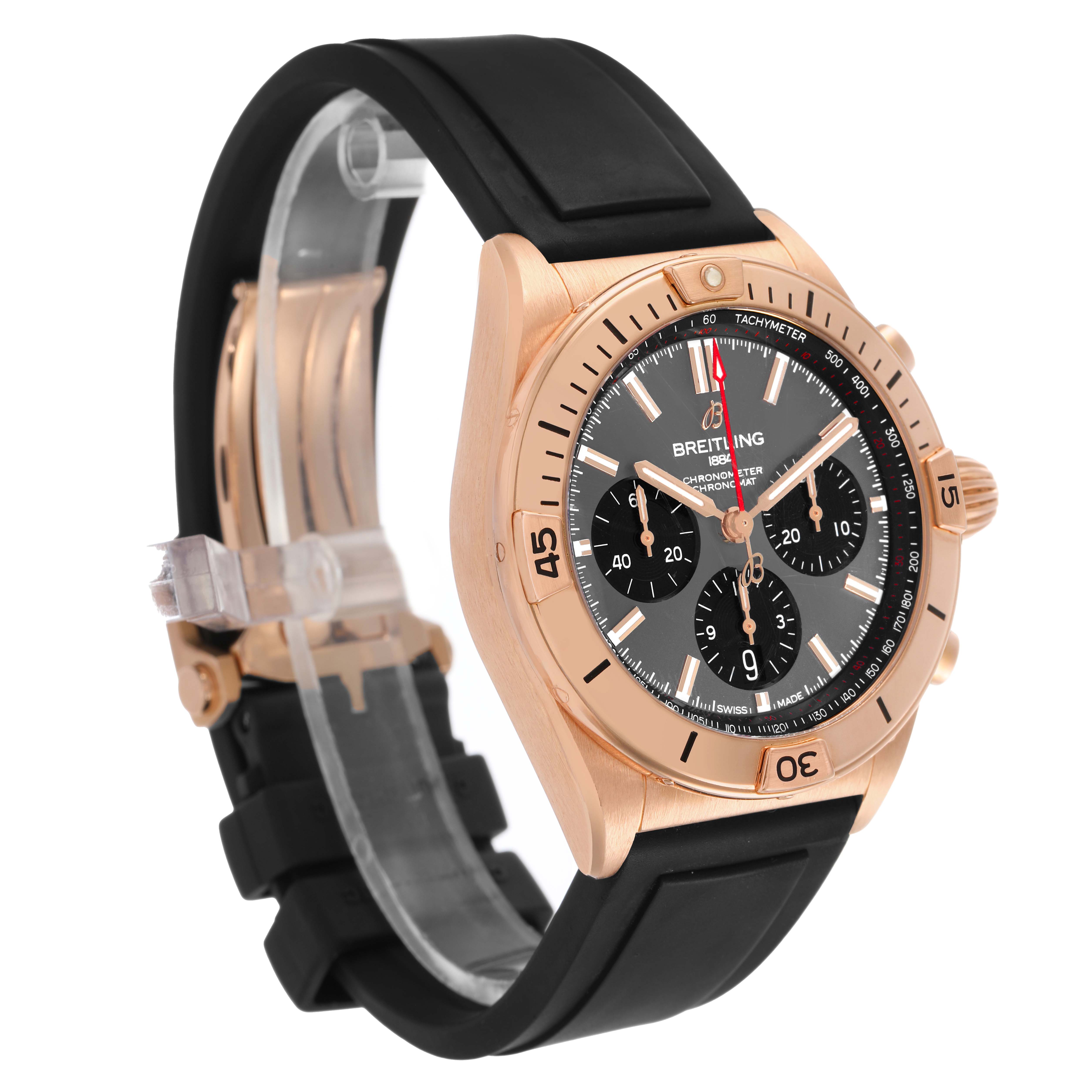 The Breitling Chronomat RB0134 Men's Rose Gold Grey Dial watch is shown from an angled side view, displaying the case, dial, bezel, and black strap.
