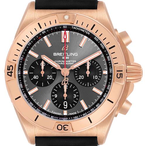 The Breitling Chronomat RB0134 Men's Rose Gold Grey Dial watch is shown from a front angle, displaying the dial, bezel, crown, and pushers.