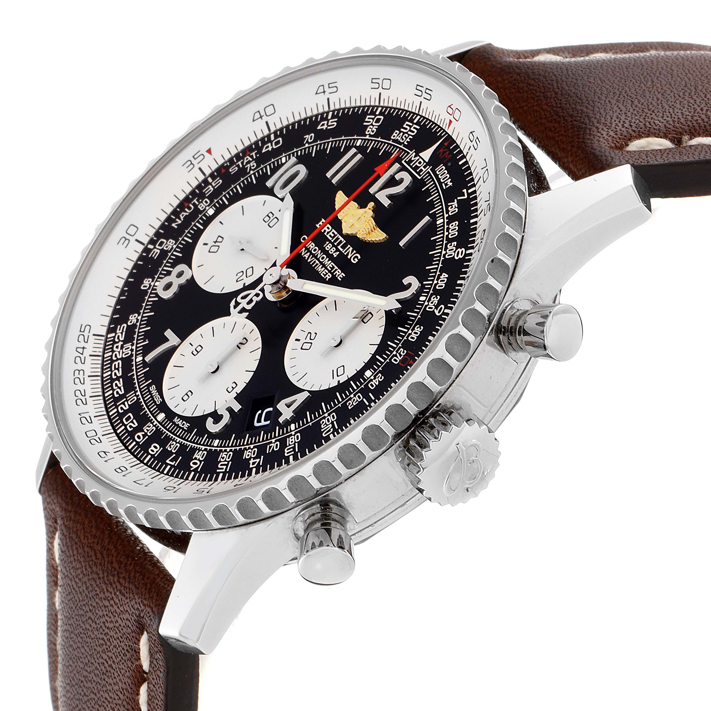 The image shows a side angle of the Breitling Navitimer AB0120 Men's Stainless Steel Black Dial AB0120 Men's Stainless Steel Black Dial watch, highlighting the dial, bezel, crown, and pushers.
