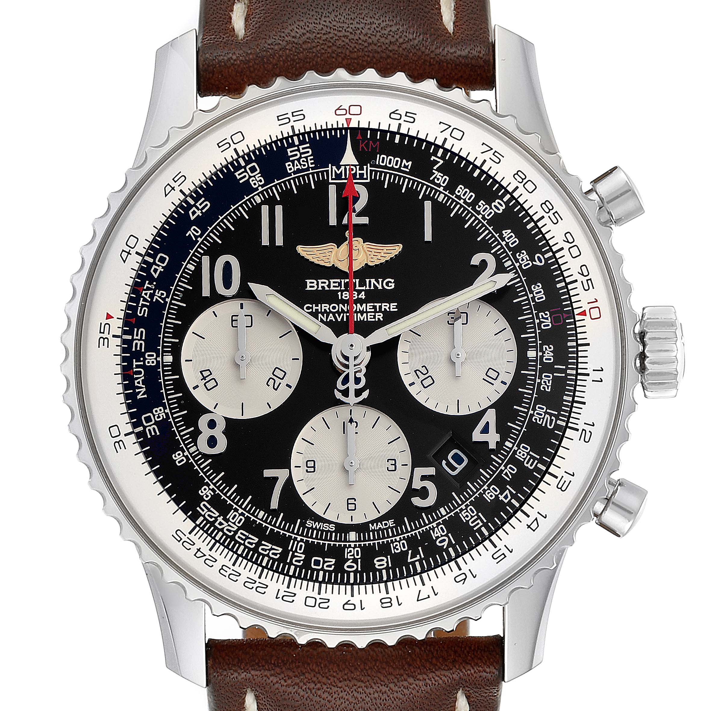 This image shows a front angle of a Breitling Navitimer AB0120 Men's Stainless Steel Black Dial AB0120 Men's Stainless Steel Black Dial watch highlighting its chronograph and tachymeter on a brown leather strap.