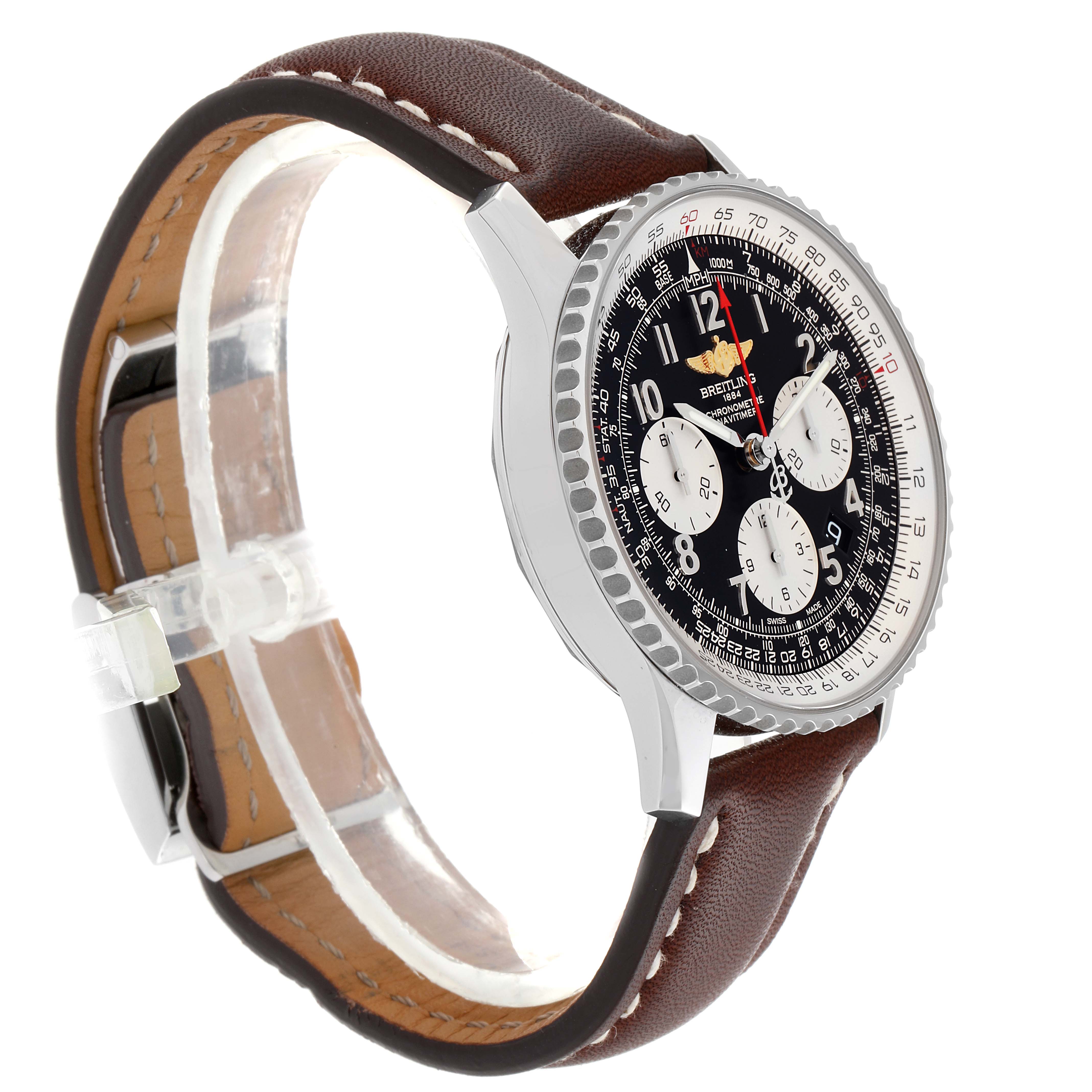 The Breitling Navitimer AB0120 Men's Stainless Steel Black Dial AB0120 Men's Stainless Steel Black Dial watch is shown from a side-angle, highlighting its dial, bezel, and brown leather strap.