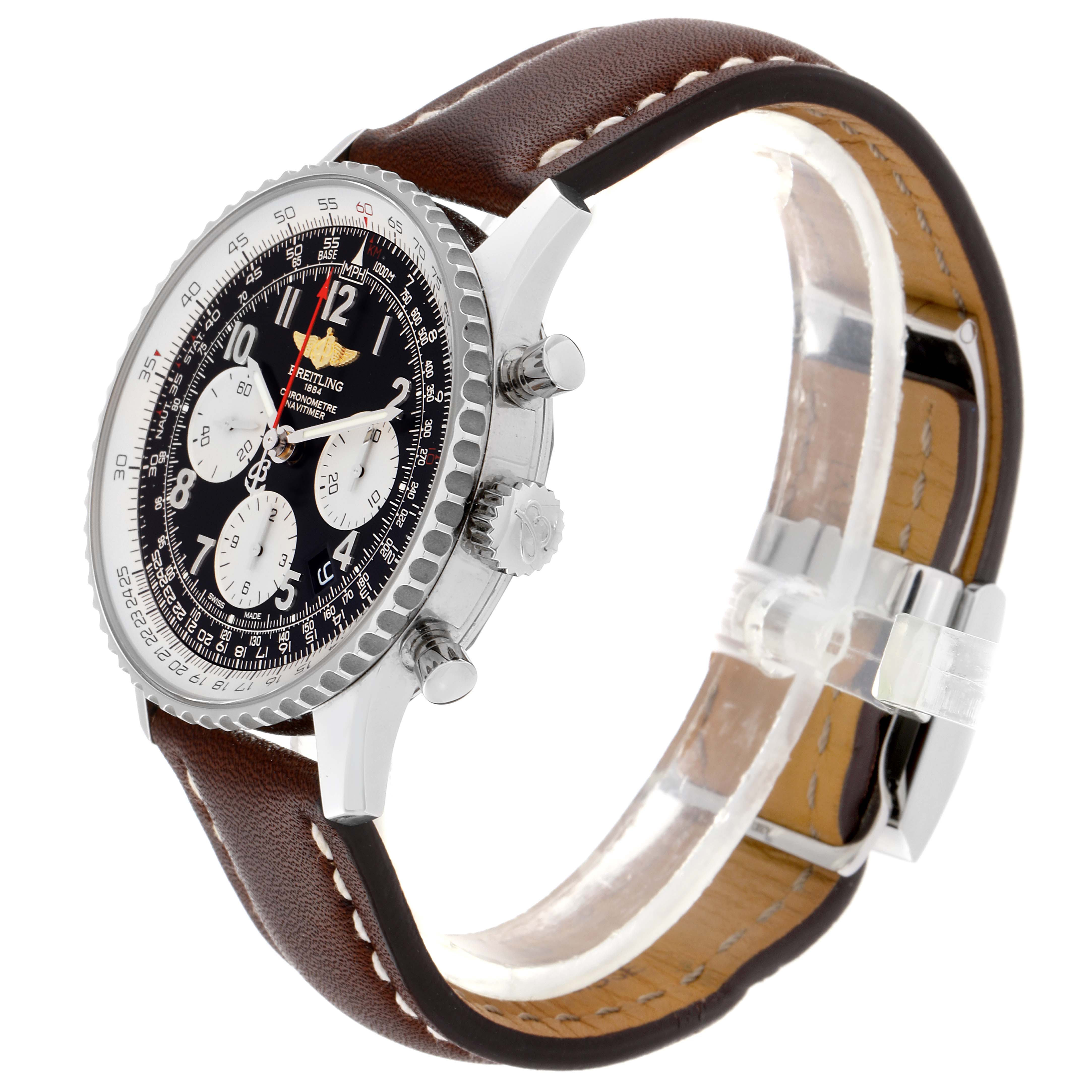 The image shows a side and partial front view of the Breitling Navitimer AB0120 Men's Stainless Steel Black Dial AB0120 Men's Stainless Steel Black Dial watch with a brown leather strap and metal case.