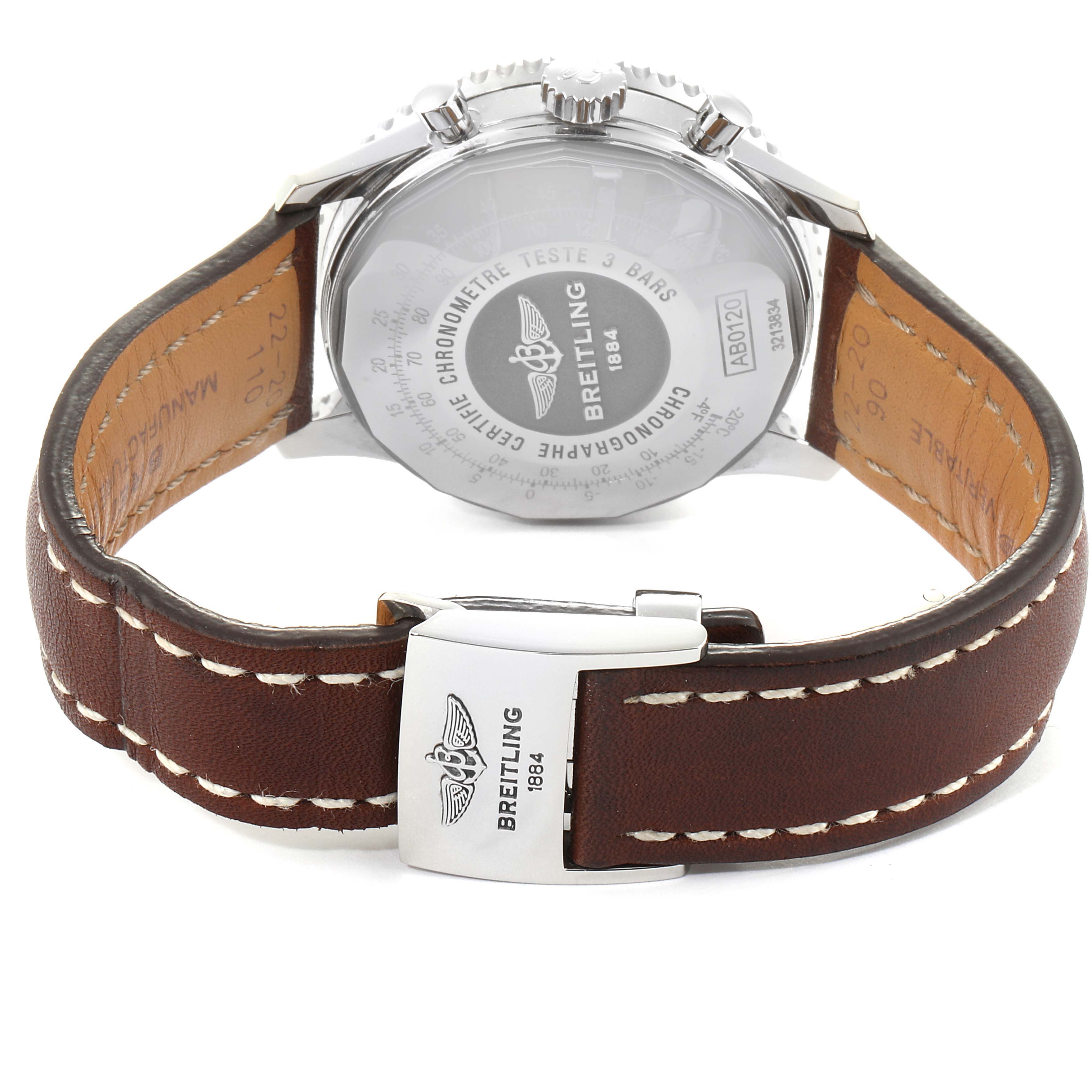 The image shows the back case and leather strap of a Breitling Navitimer AB0120 Men's Stainless Steel Black Dial AB0120 Men's Stainless Steel Black Dial watch.