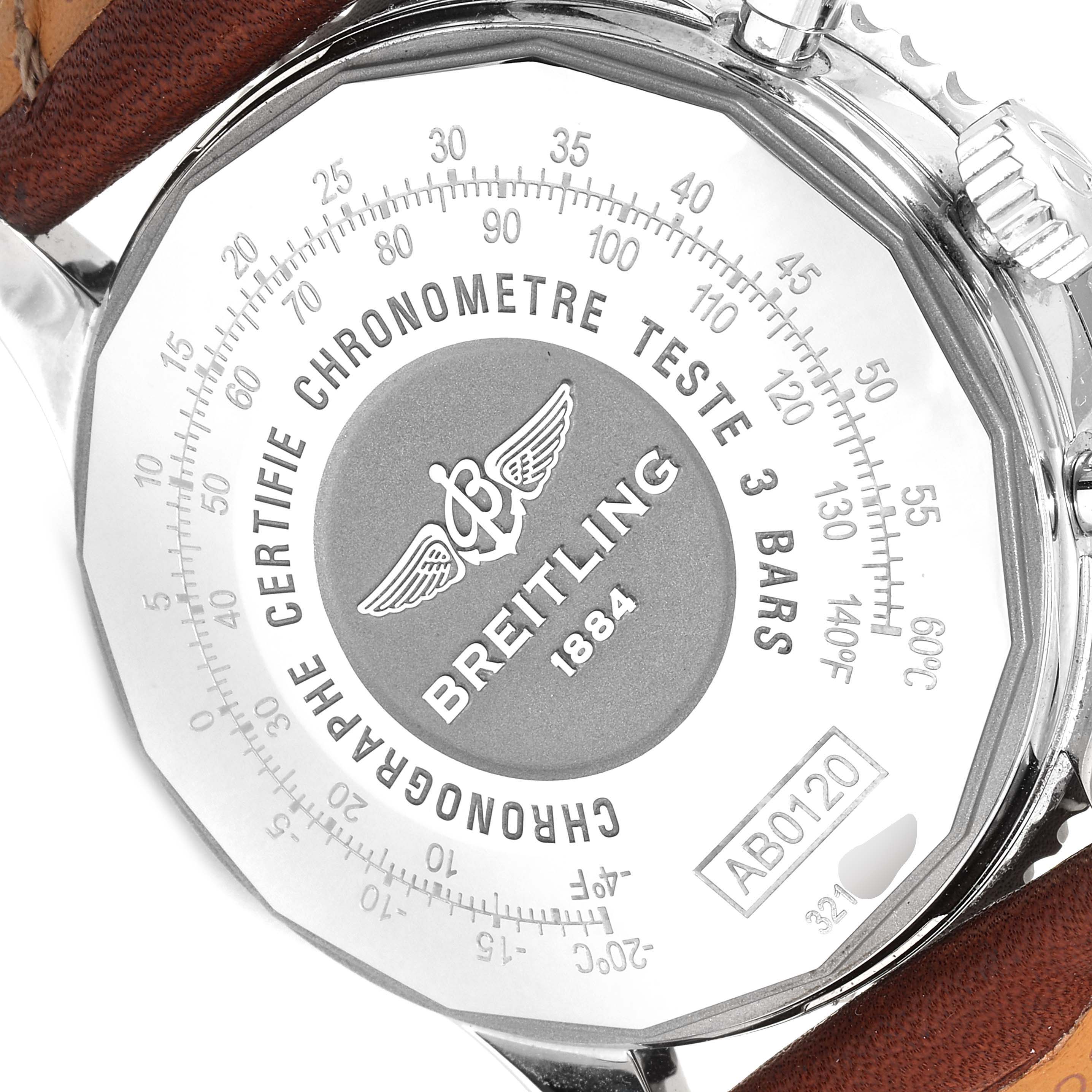 The image shows the back case of a Breitling Navitimer AB0120 Men's Stainless Steel Black Dial AB0120 Men's Stainless Steel Black Dial watch from an angled side perspective.