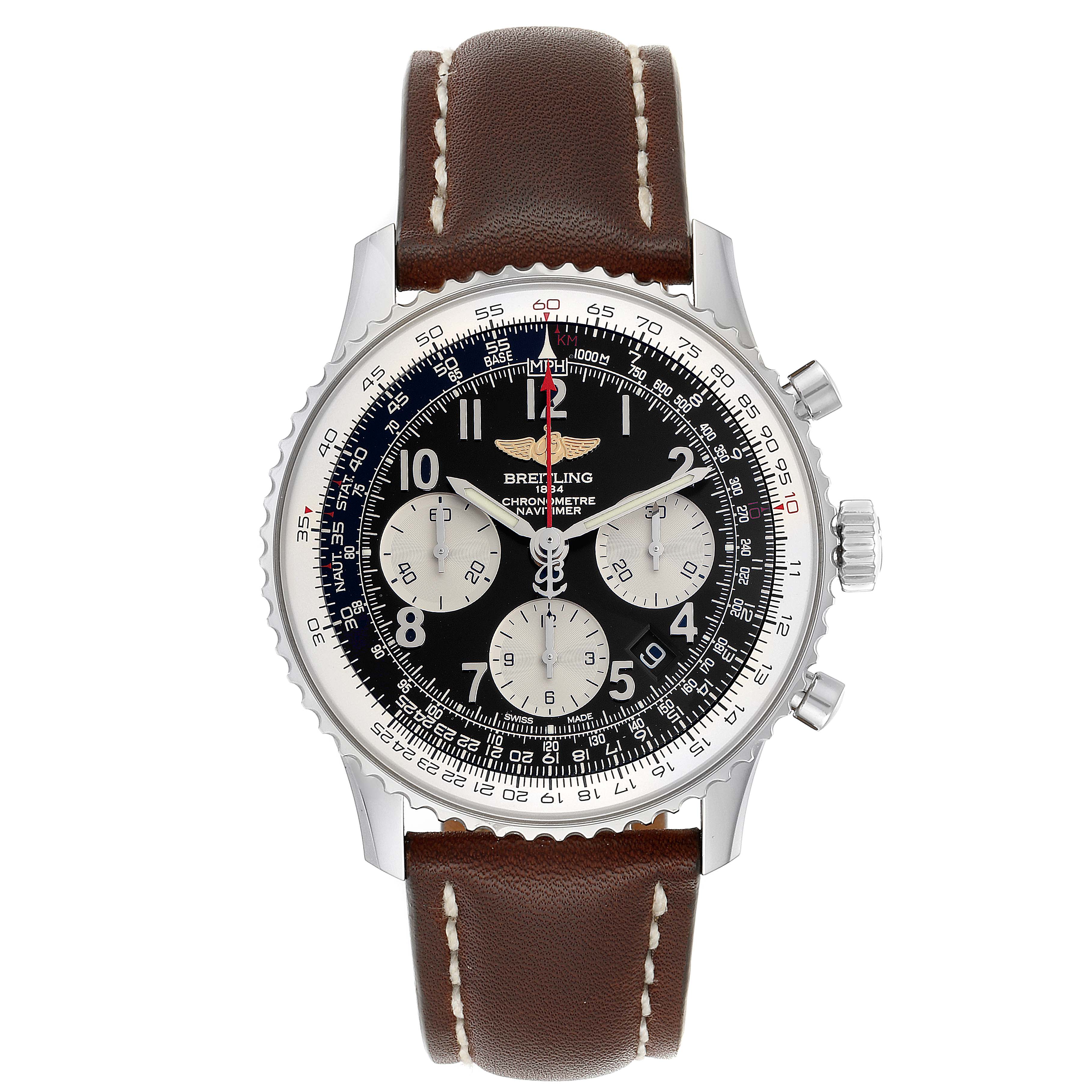 The Breitling Navitimer AB0120 Men's Stainless Steel Black Dial AB0120 Men's Stainless Steel Black Dial watch is shown from the front, showcasing its black dial, chronograph sub-dials, and brown leather strap.