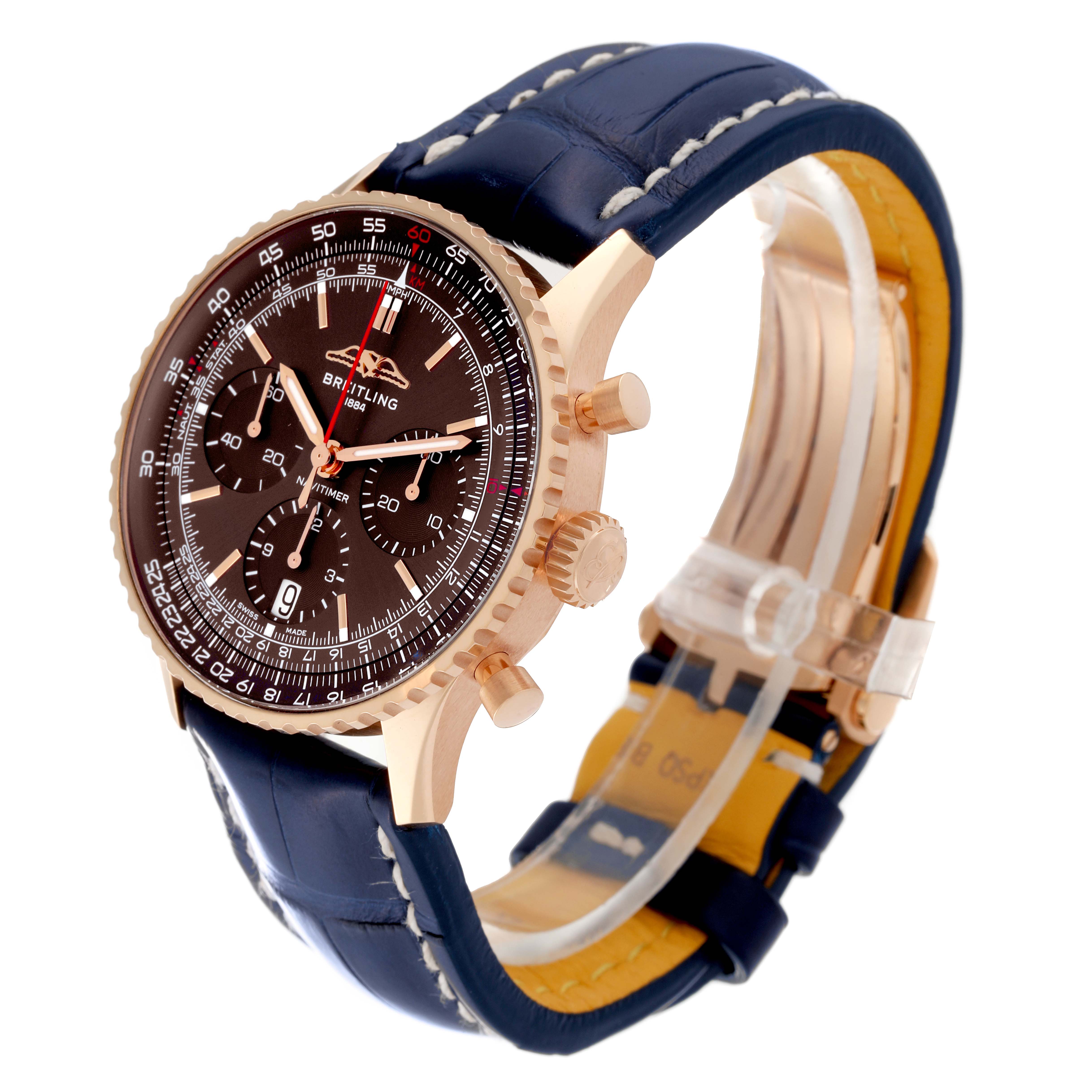 The Breitling Limited Series watch is shown at a slight angle, highlighting its face, crown, pushers, and leather strap.