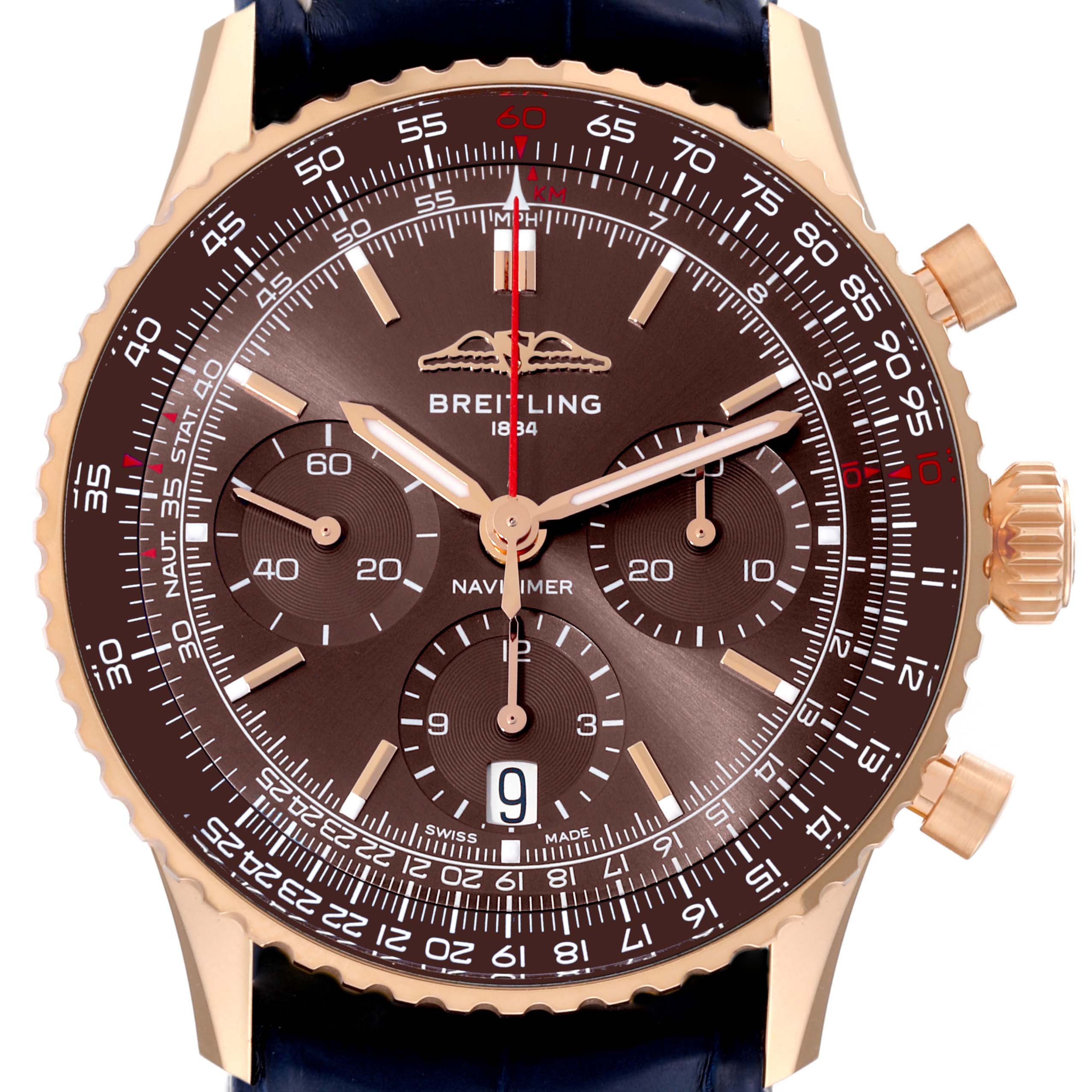 The image shows a front view of the Breitling Navitimer RB0139 Men's Rose Gold Brown Dial RB0139 Men's Rose Gold Brown Dial Limited Series watch, highlighting its dial, hands, sub-dials, and bezel.