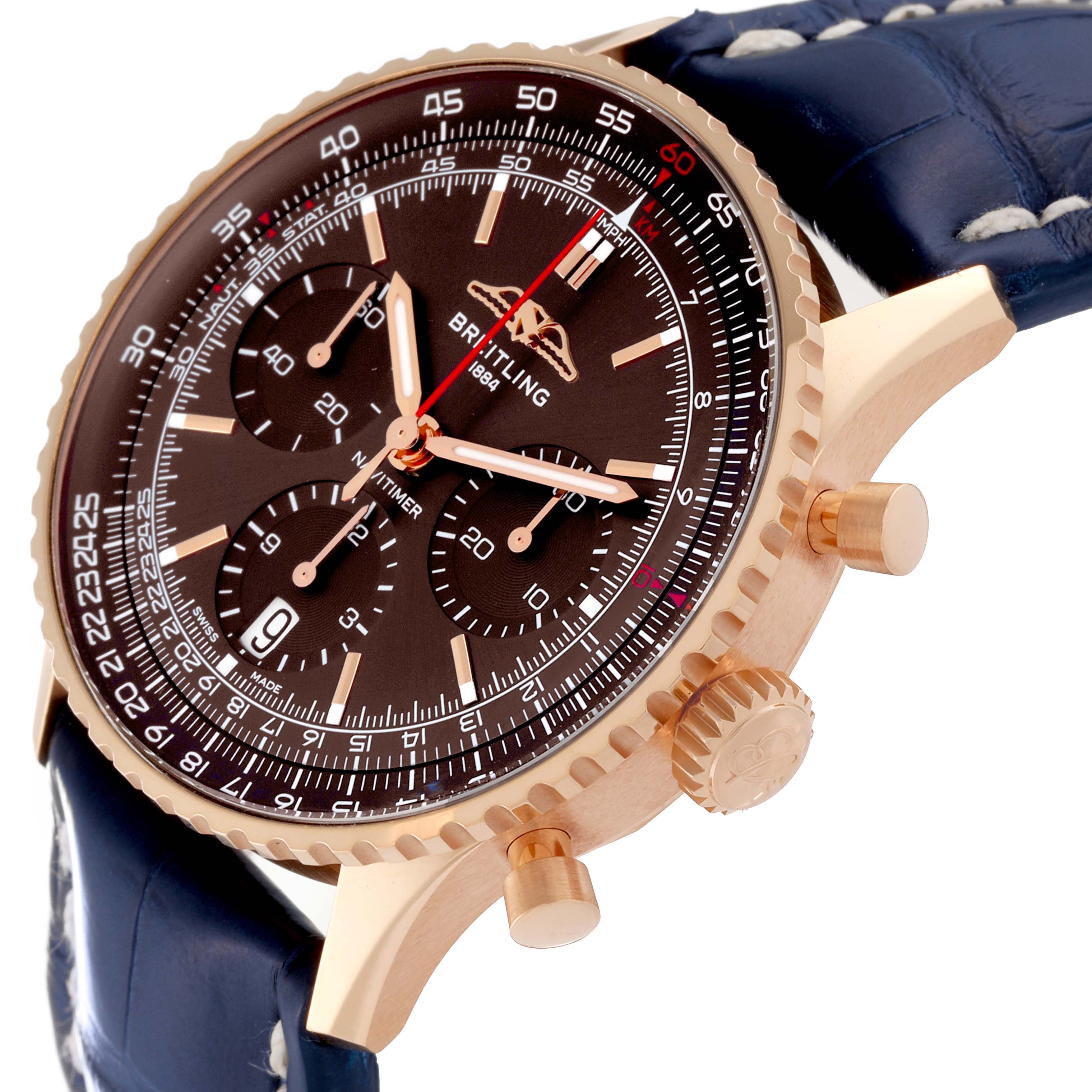 The image shows a side angle of the Breitling Limited Series watch, highlighting its bezel, crown, chronograph pushers, and leather strap.
