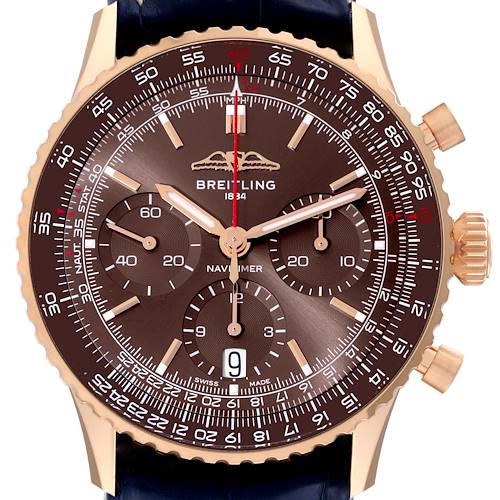 Photo of Breitling Navitimer B01 41mm Limited Edition Rose Gold Brown Dial Mens Watch RB0139 Box Card