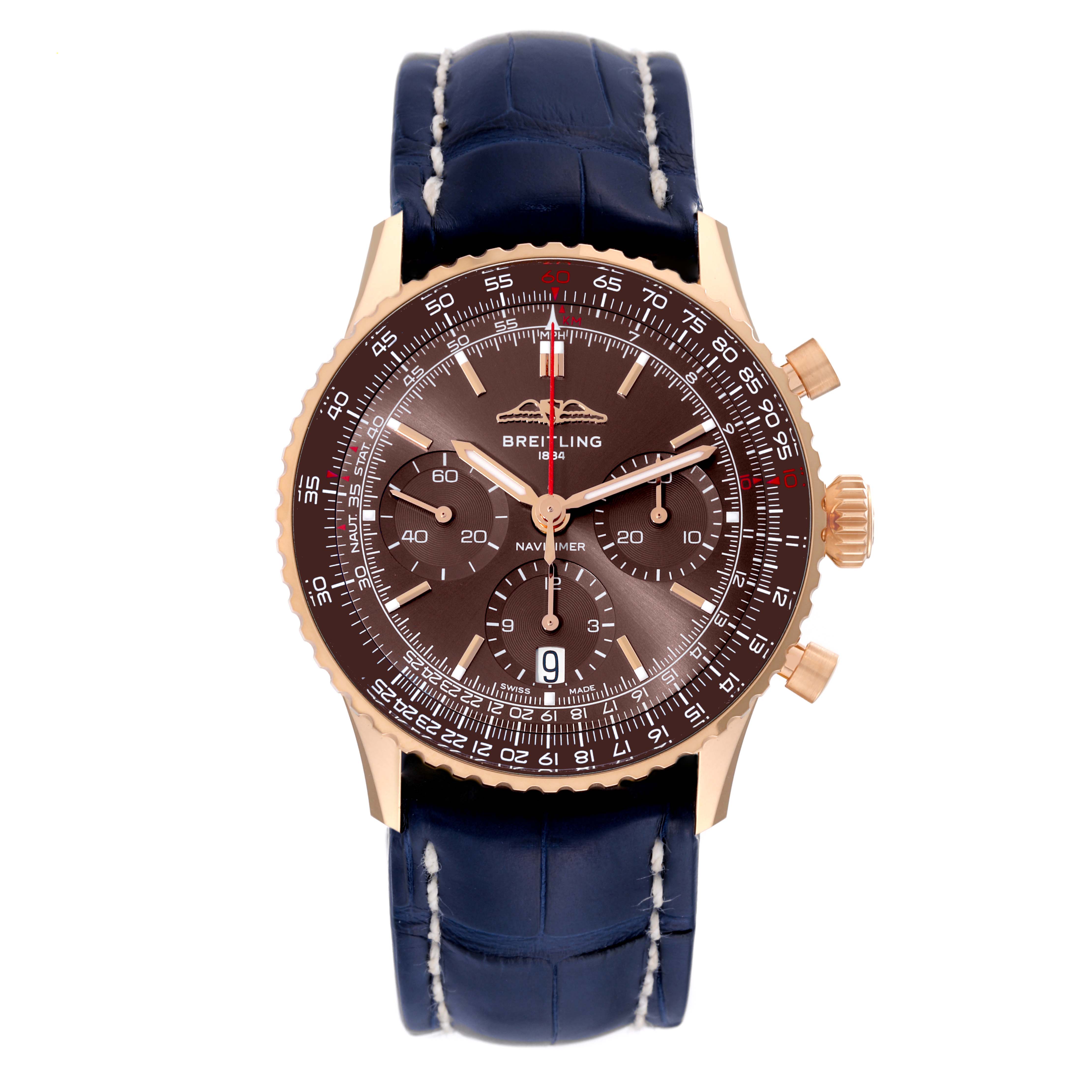 The image shows a front view of the Breitling Navitimer RB0139 Men's Rose Gold Brown Dial RB0139 Men's Rose Gold Brown Dial Limited Series watch with a blue leather strap and a brown dial.