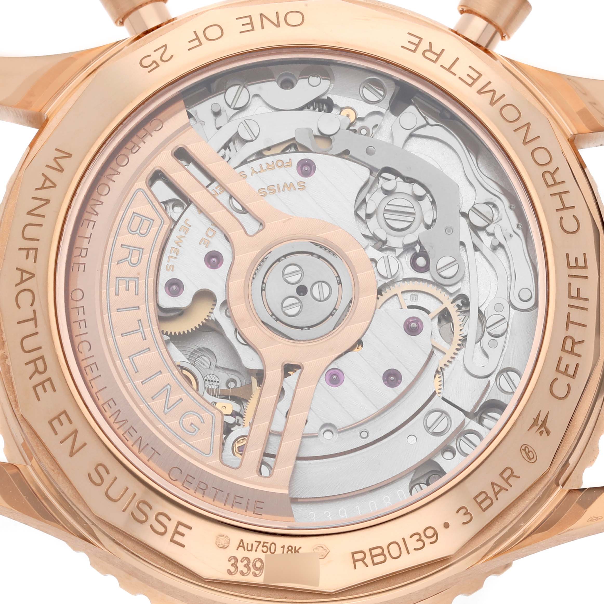 The image shows the back view of the Breitling Limited Series watch, highlighting its intricate movement and rotor.