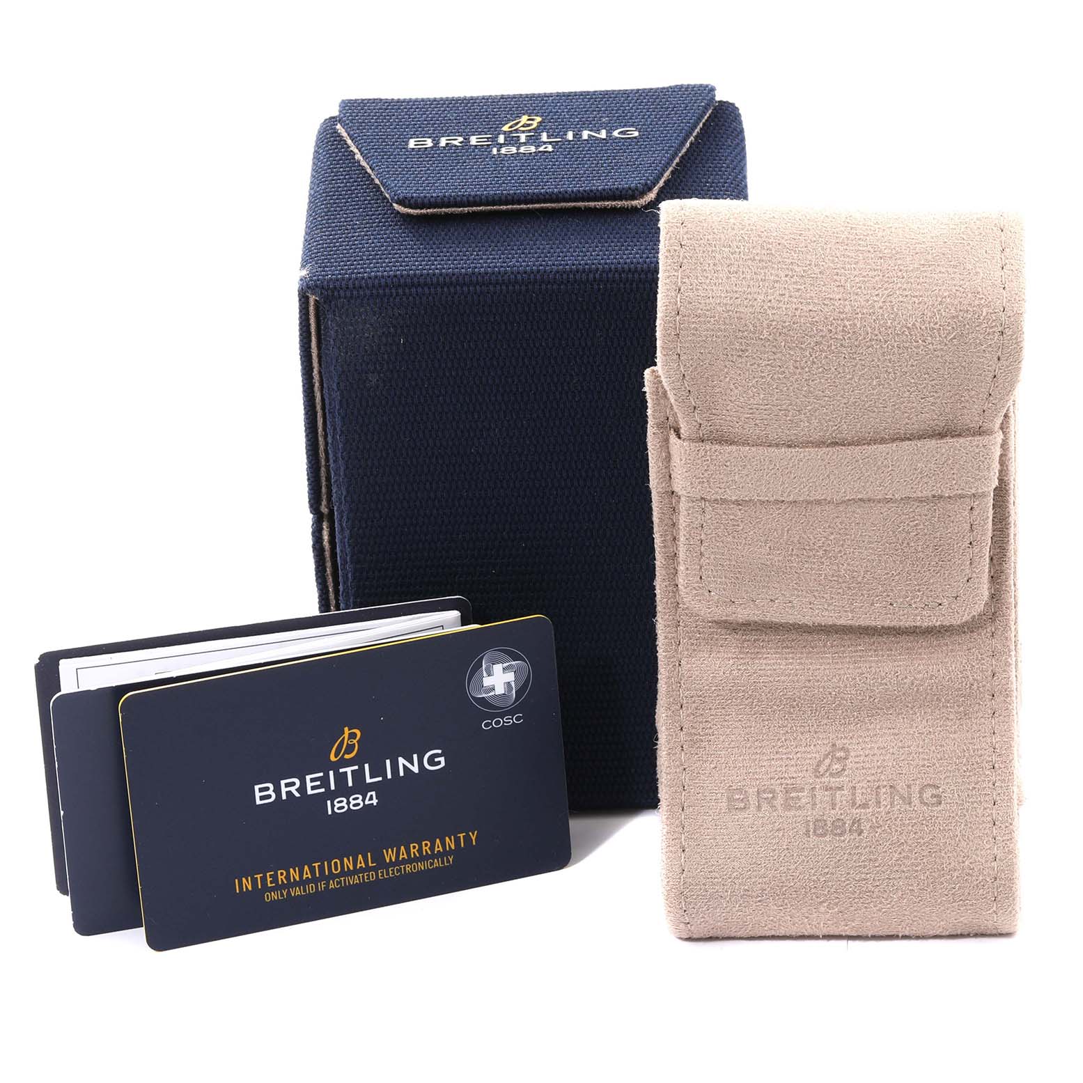 The image shows a Breitling Limited Series watch packaging, warranty cards, and a beige travel pouch from a front angle.