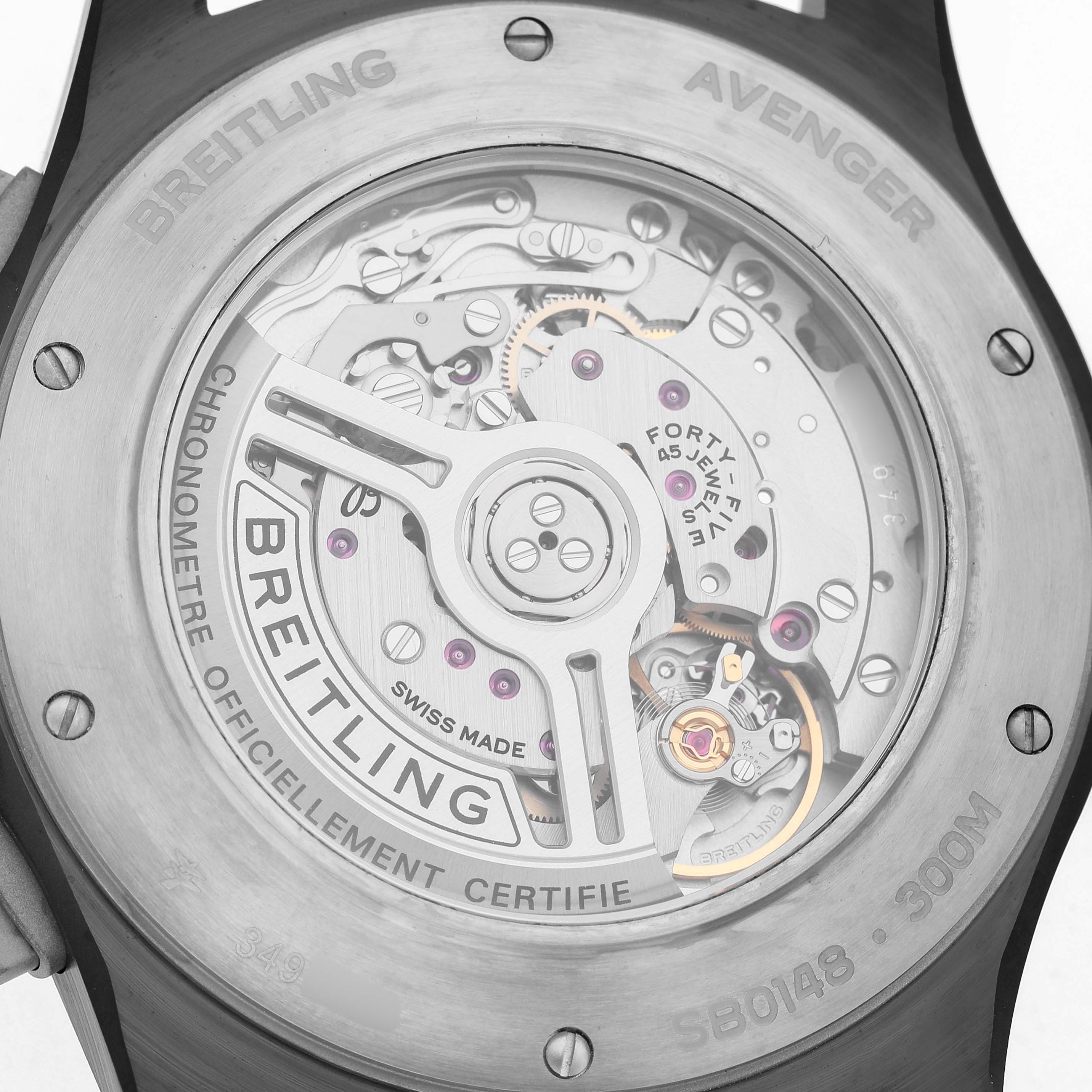 The image shows the case back of the Breitling Avenger SB0148 Men's Ceramic Black Dial, highlighting its movement and rotor with branding details.