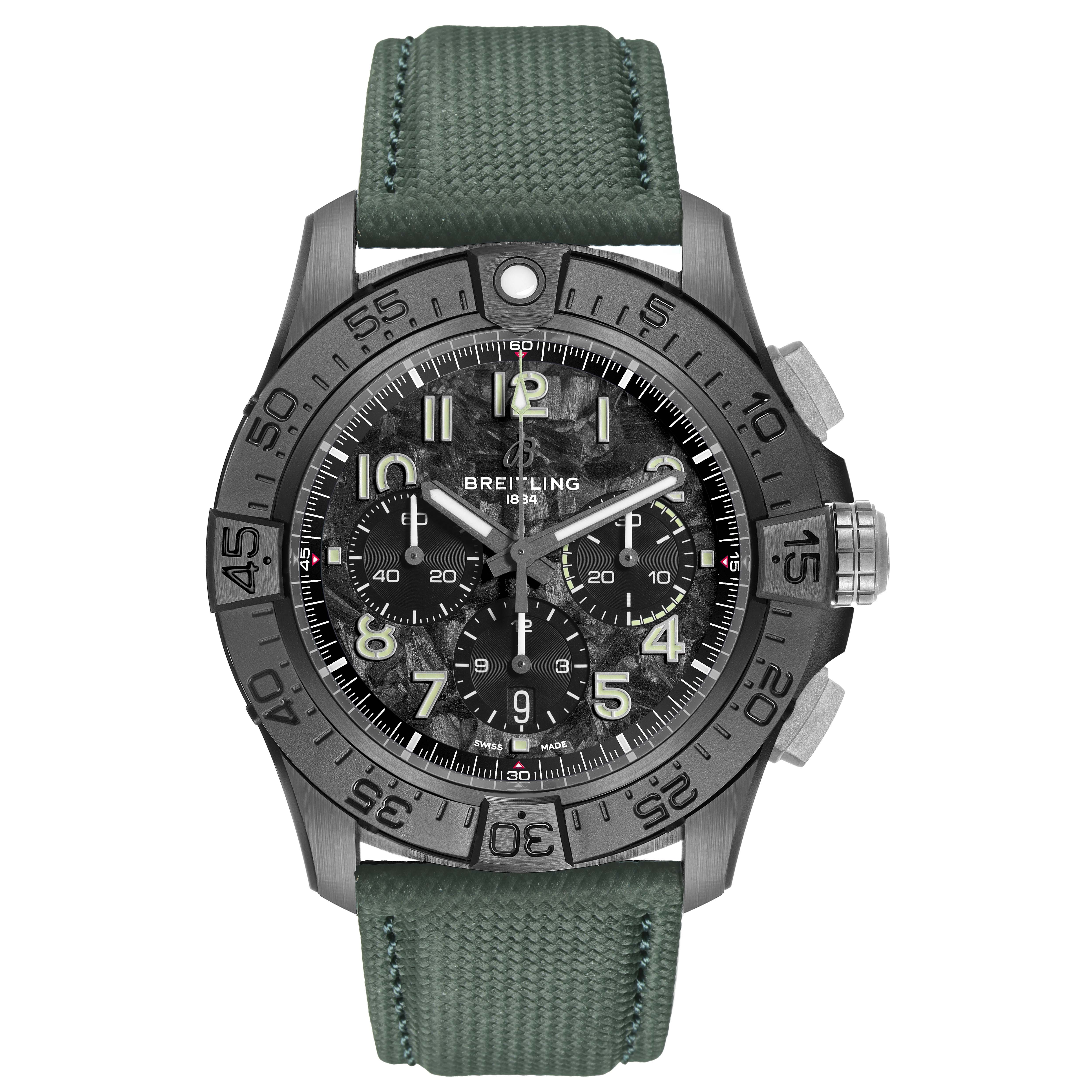 The Breitling Avenger SB0148 Men's Ceramic Black Dial watch is shown from the front, highlighting its dial, bezel, and strap.
