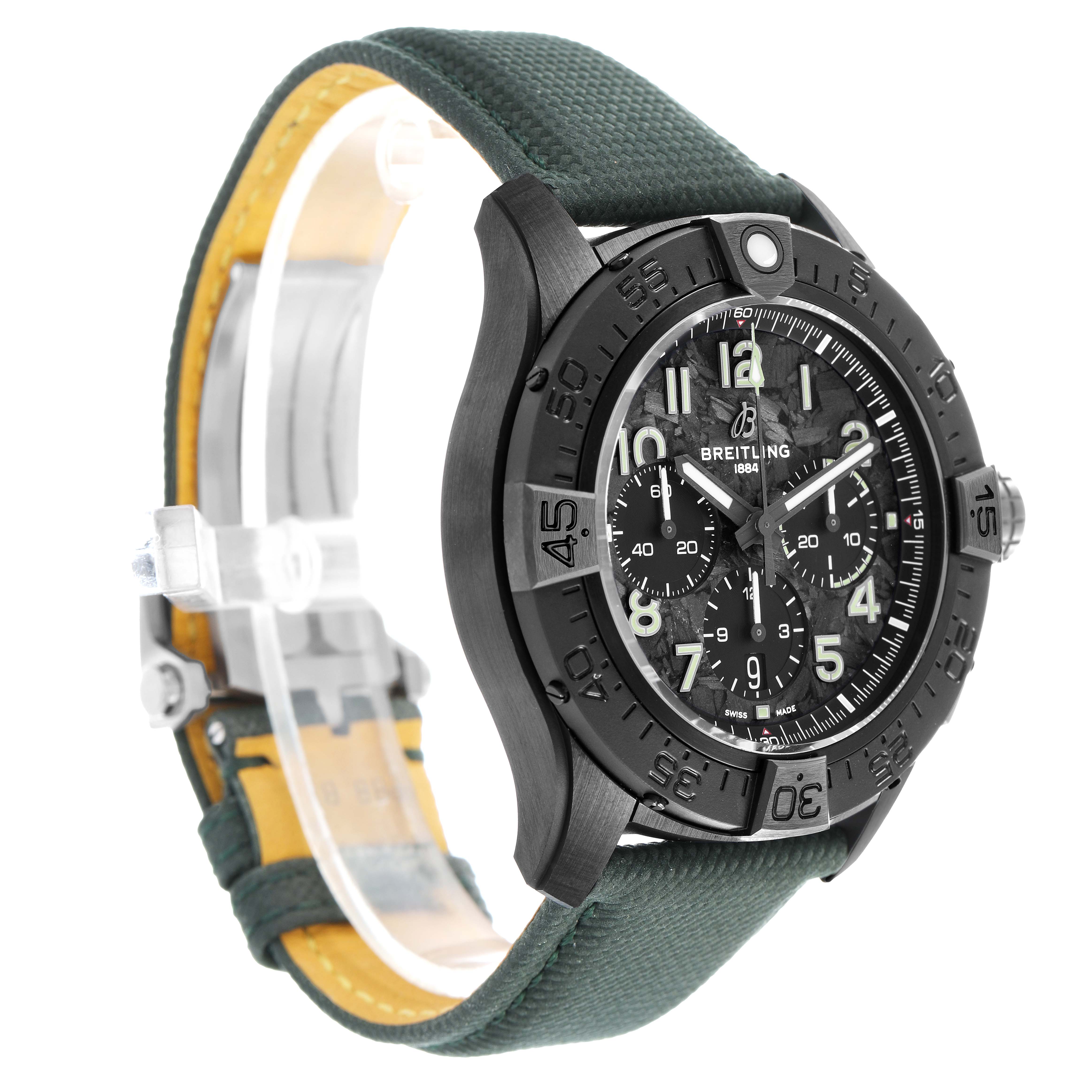 The image shows a Breitling Avenger SB0148 Men's Ceramic Black Dial watch at a three-quarter angle, highlighting the bezel, dial, and green strap.