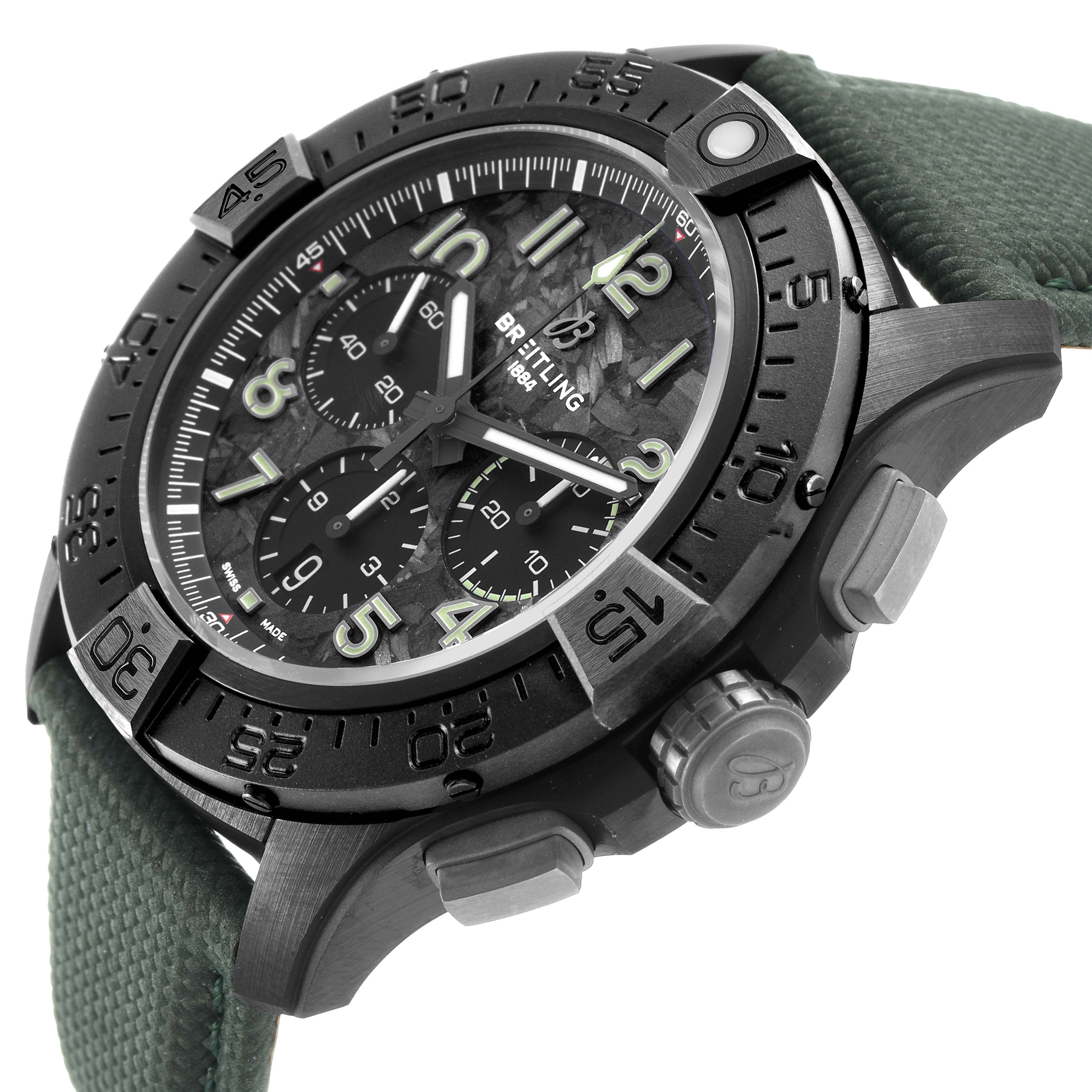 The Breitling Avenger SB0148 Men's Ceramic Black Dial watch is shown at an angled side view, displaying the dial, bezel, case, and green strap.