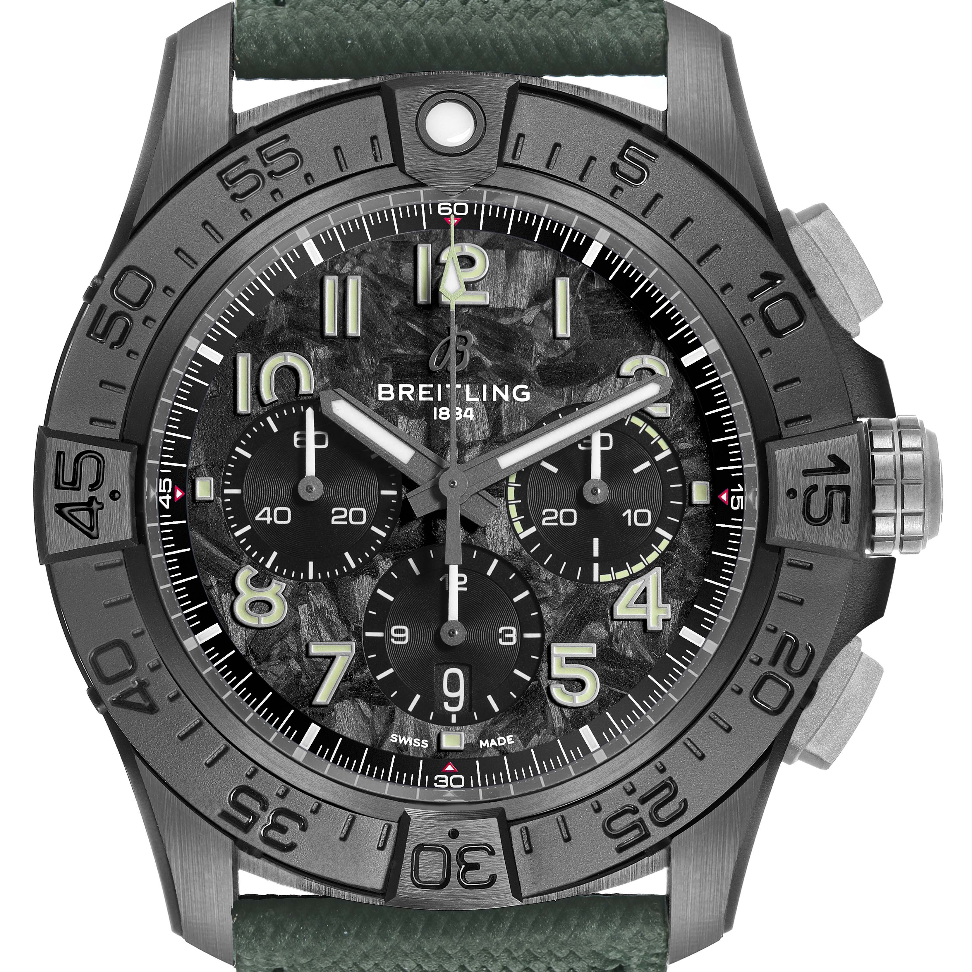The Breitling Avenger SB0148 Men's Ceramic Black Dial watch is shown from a front angle, displaying the bezel, dial, hands, and subdials clearly.